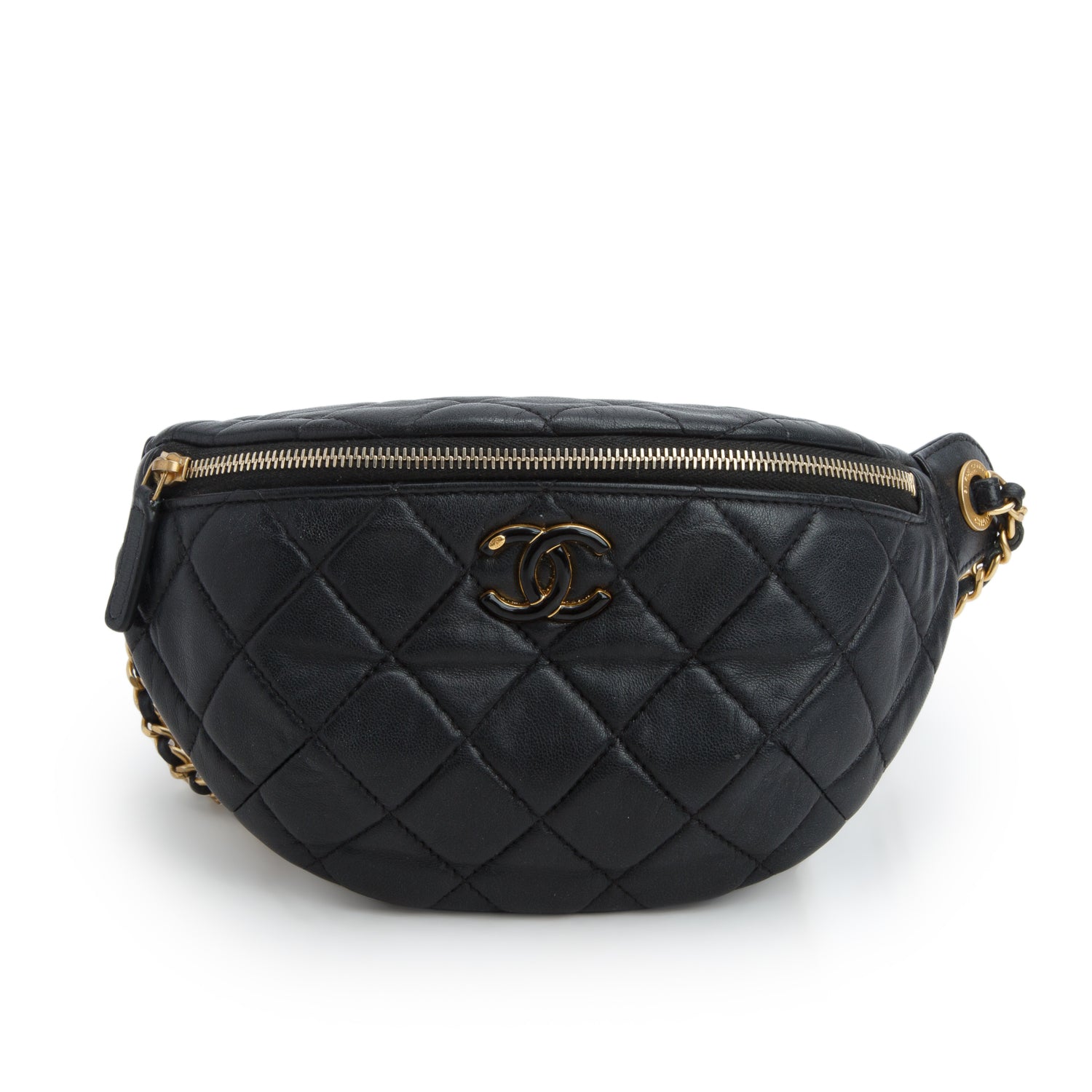Chanel Black Lambskin Quilted Enamel Belt Bag w/ Box
