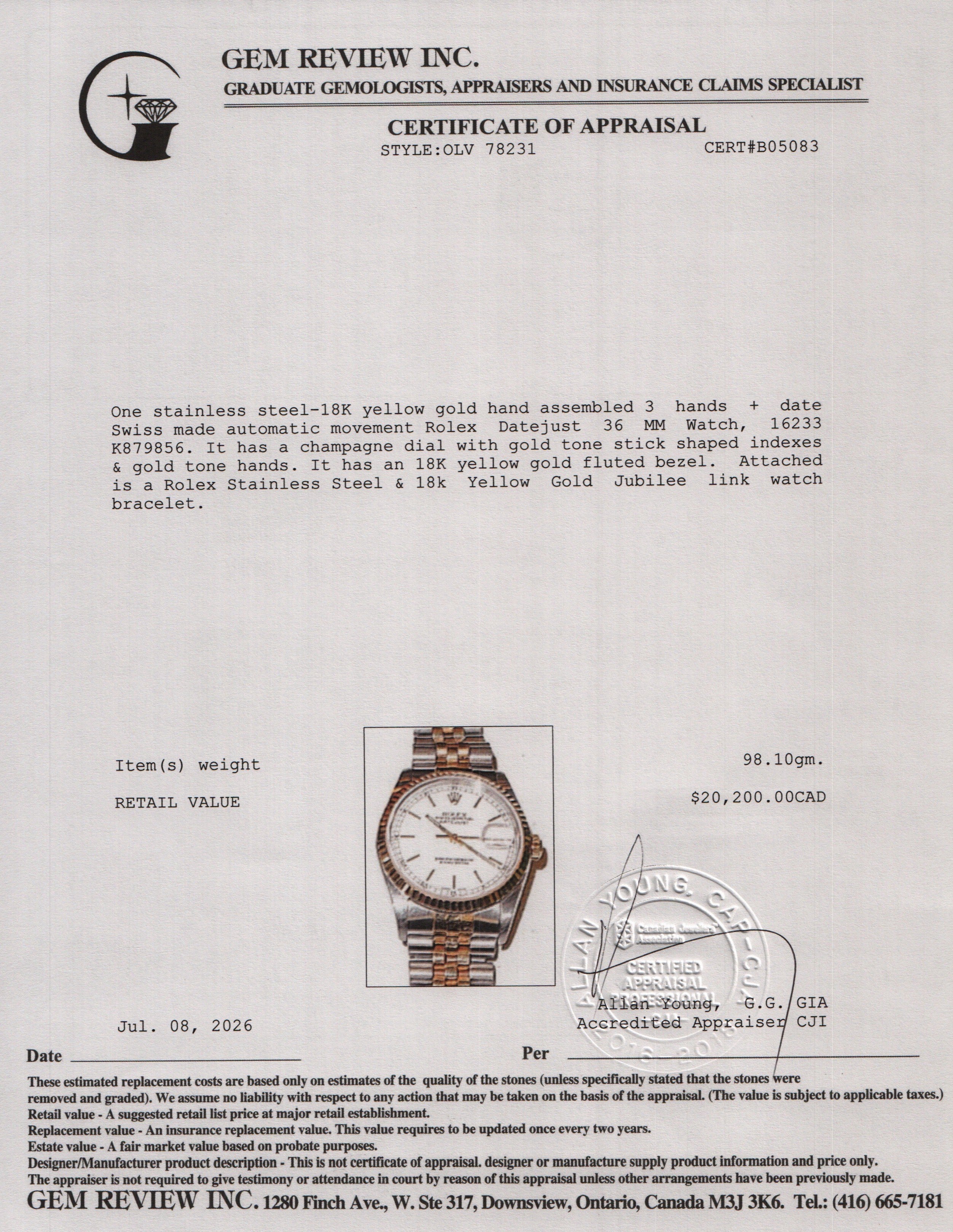 Rolex Stainless Steel & 18k Yellow Gold Datejust 36 MM Automatic Watch White Dial 16233 w/ Box & Papers