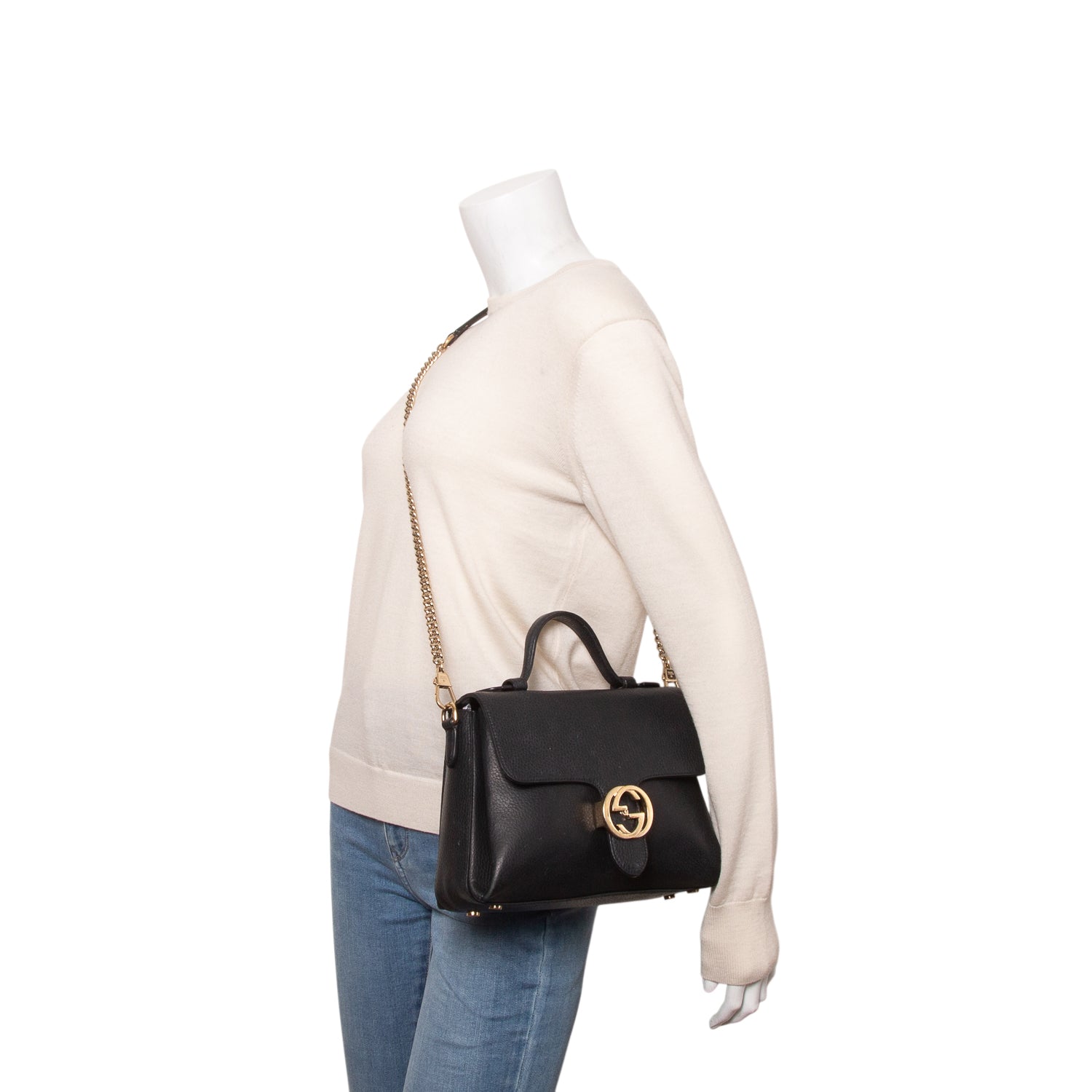 Gucci Black Dollar Calfskin Interlocking G Top Handle Shoulder Bag
