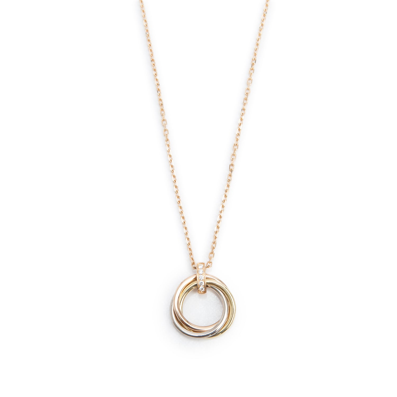 Cartier 18k Yellow, White & Rose Gold Diamond Trinity Pendant Necklace, Medium Model w/ Box & Receipt