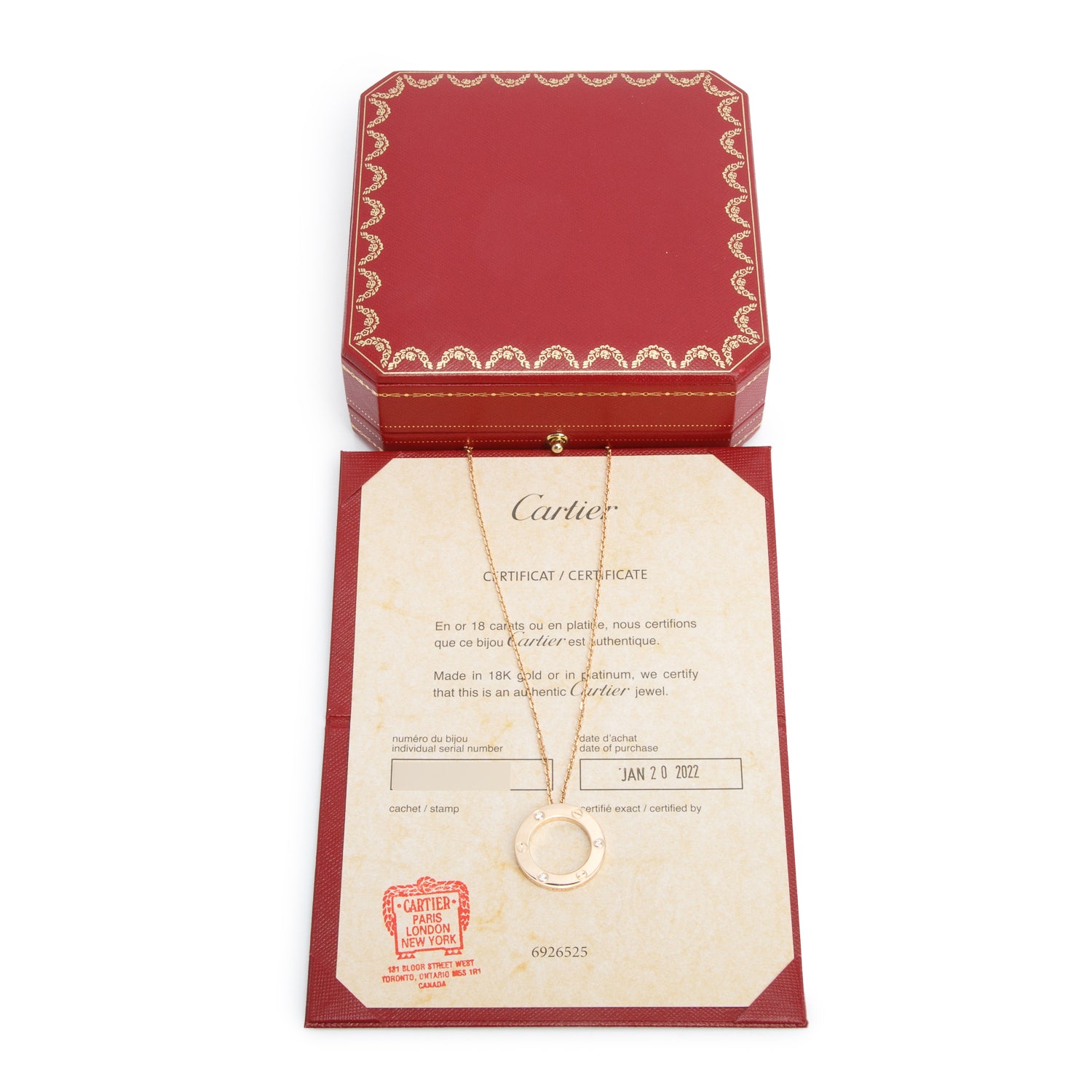 Cartier 2022 18k Rose Gold 3 Diamond Love Pendant Necklace w/ Box, Receipt & Certificate