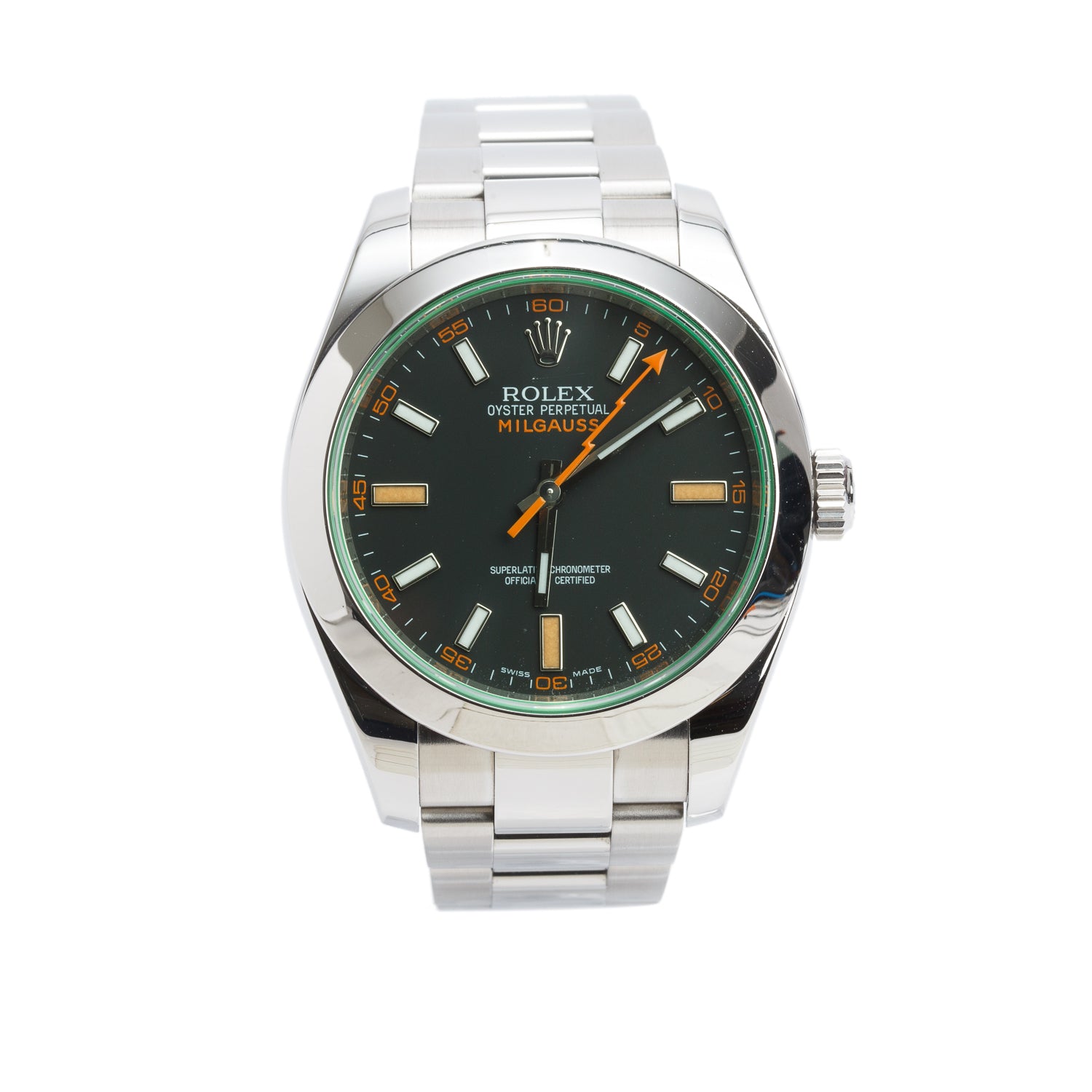 Rolex Stainless Steel Milgauss Green Crystal 40 MM Watch Black Dial 116400GV w/ Box