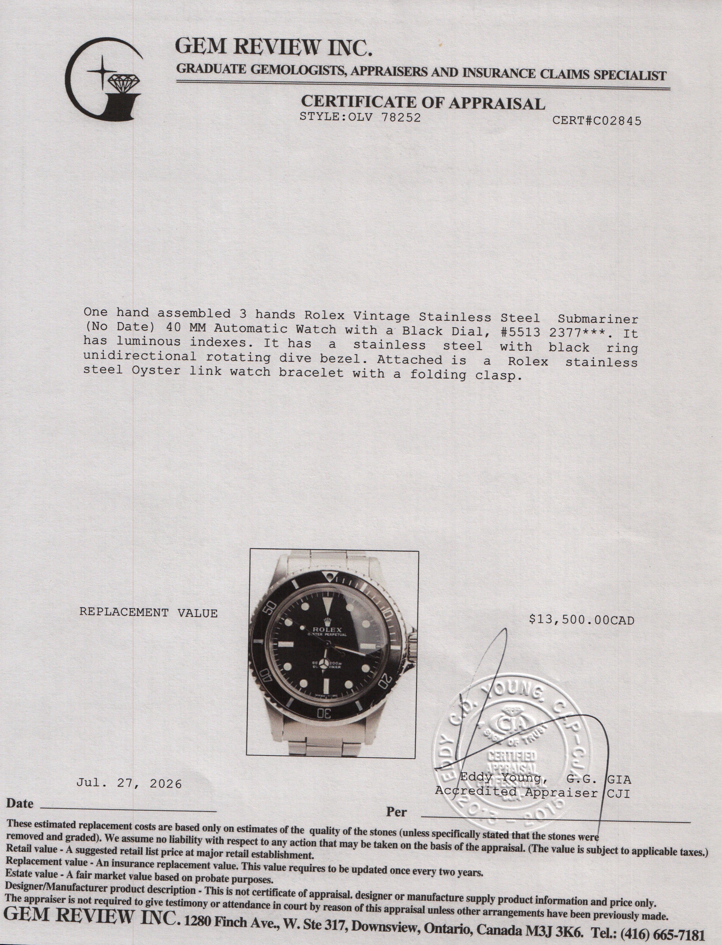 Rolex Vintage Stainless Steel Submariner (No Date) 40 MM Automatic Watch Black Dial 5513