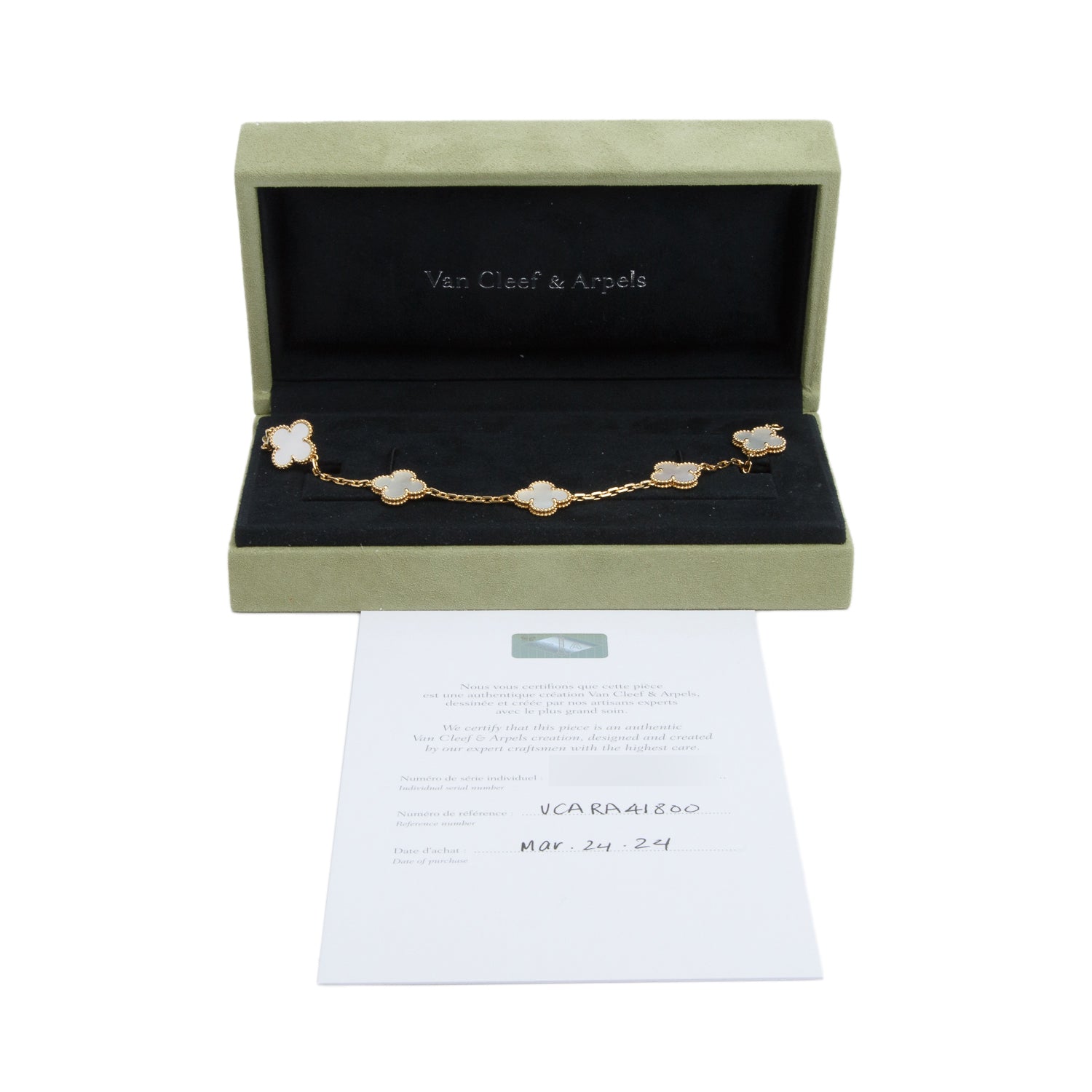 Van Cleef & Arpels 2024 18k Yellow Gold Vintage Alhambra 5 Motif Mother of Pearl Bracelet w/ Box & Certificate