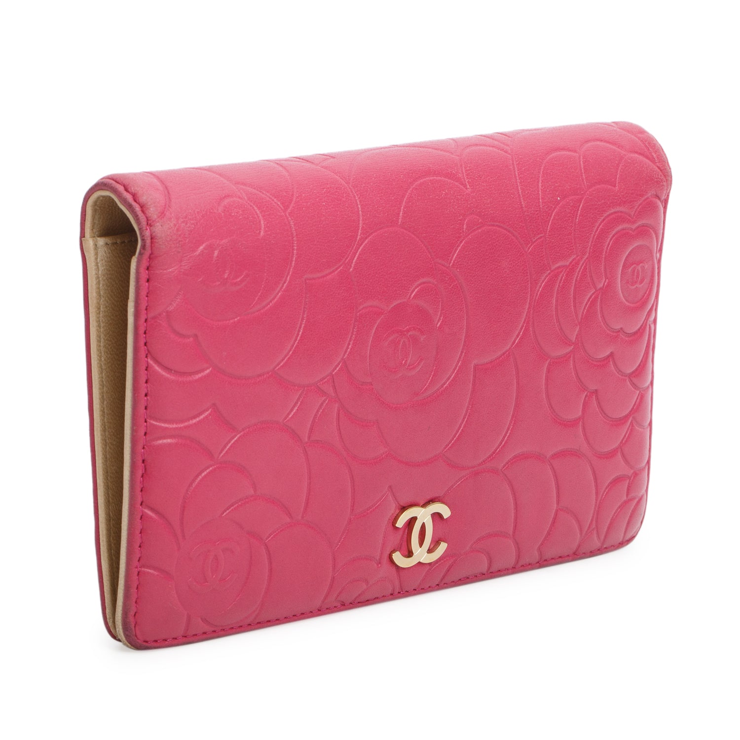 Chanel Pink Lambskin Camellia Embossed Yen Wallet w/ Authenticity Card