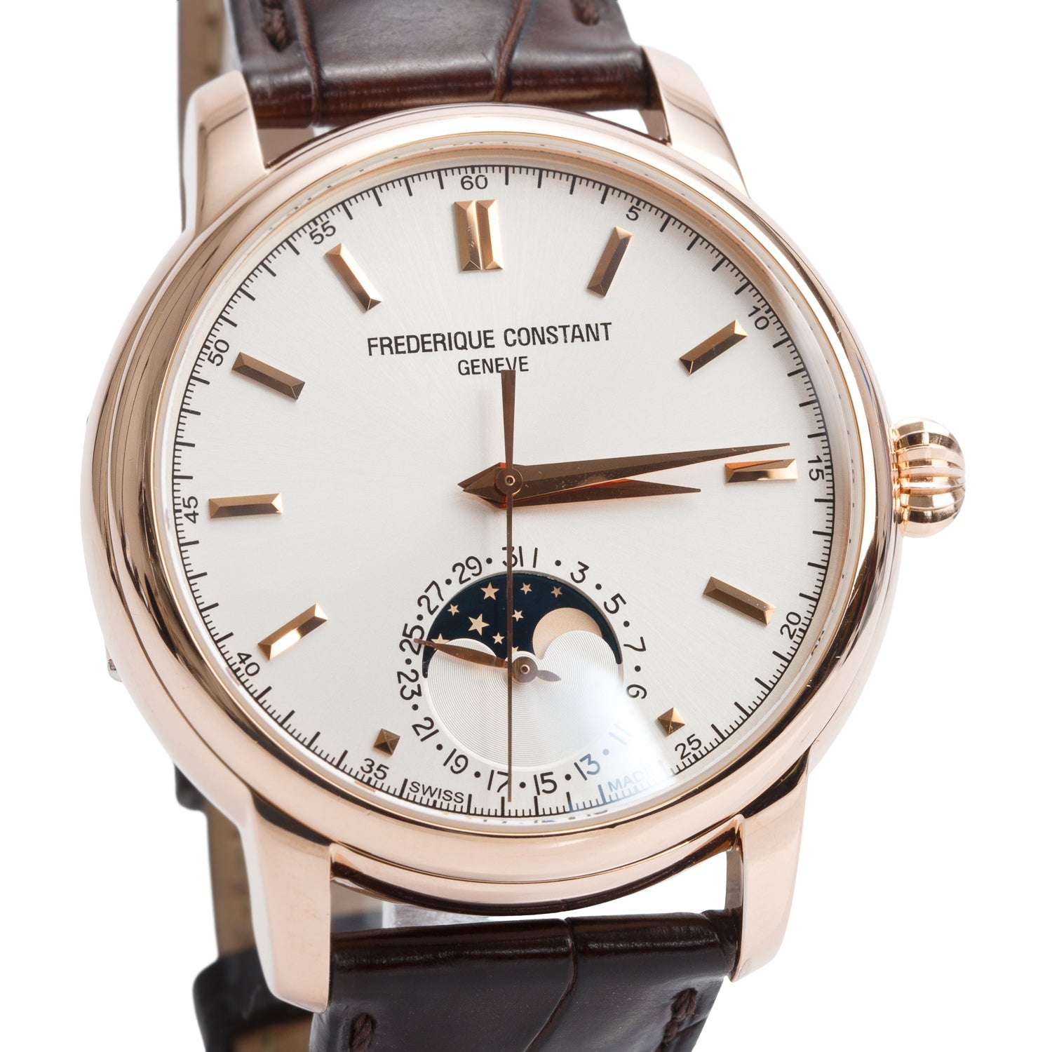 Frederique Constant Rose Gold Plated Stainless Steel Classic Moonphase 40 MM Automatic Watch Silver Dial