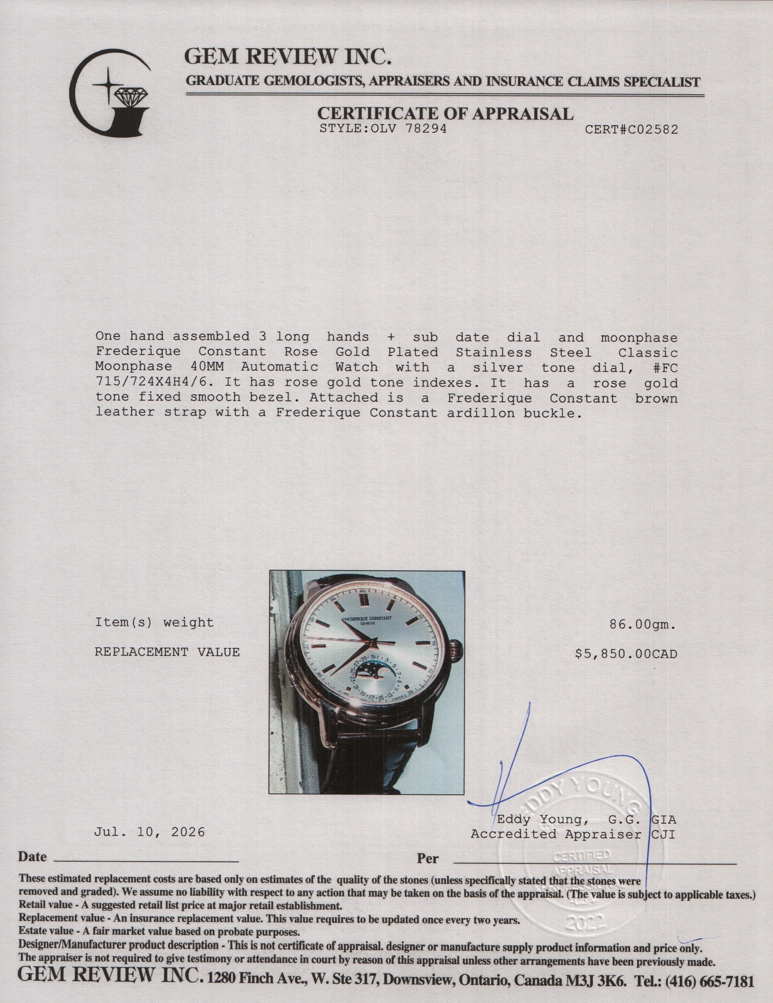 Frederique Constant Rose Gold Plated Stainless Steel Classic Moonphase 40 MM Automatic Watch Silver Dial