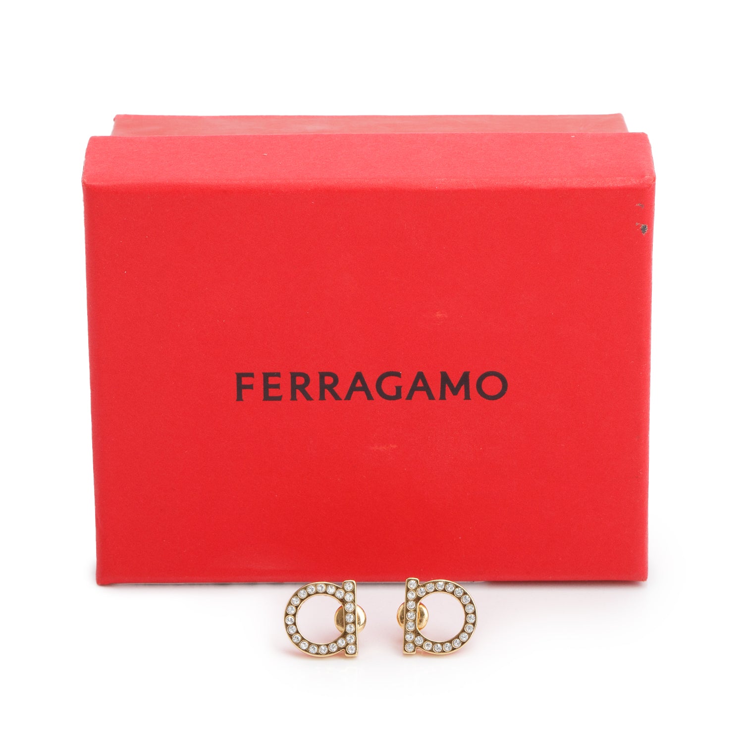 Ferragamo 2026 Gold-Plated Crystal Gancini Stud Earrings w/ Box & Receipt