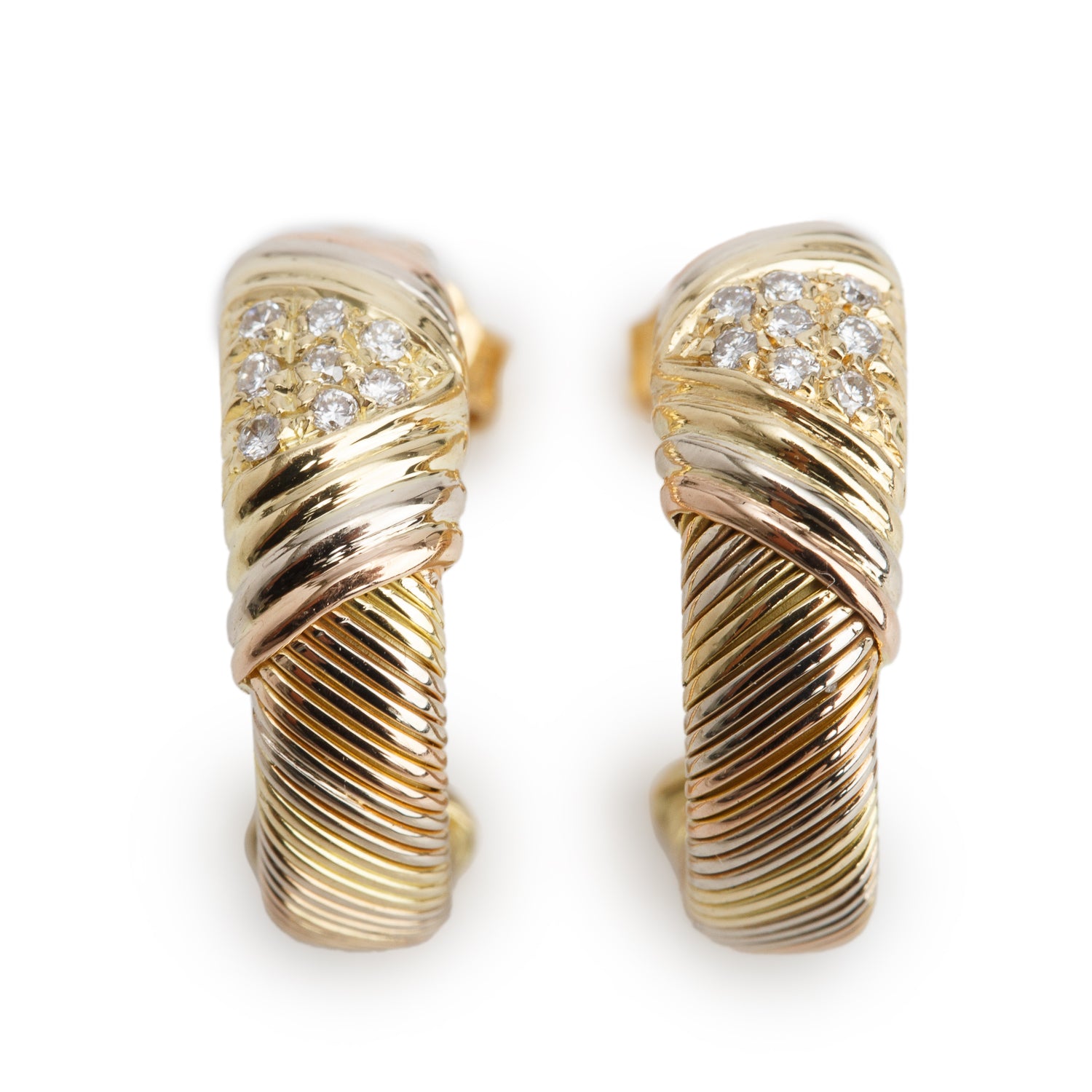 Cartier Vintage 18k Yellow, White & Rose Gold Diamond Trinity Hoop Earrings