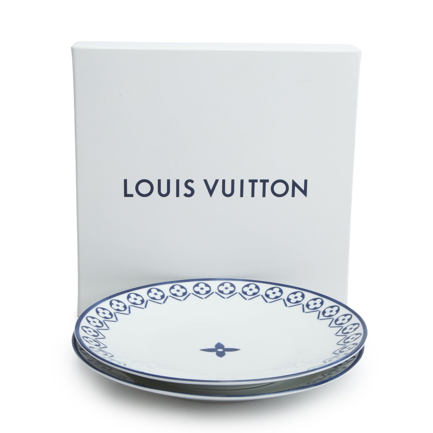 Louis Vuitton White/Blue Porcelain Monogram Flower Tile Set of 2 Plates w/ Box