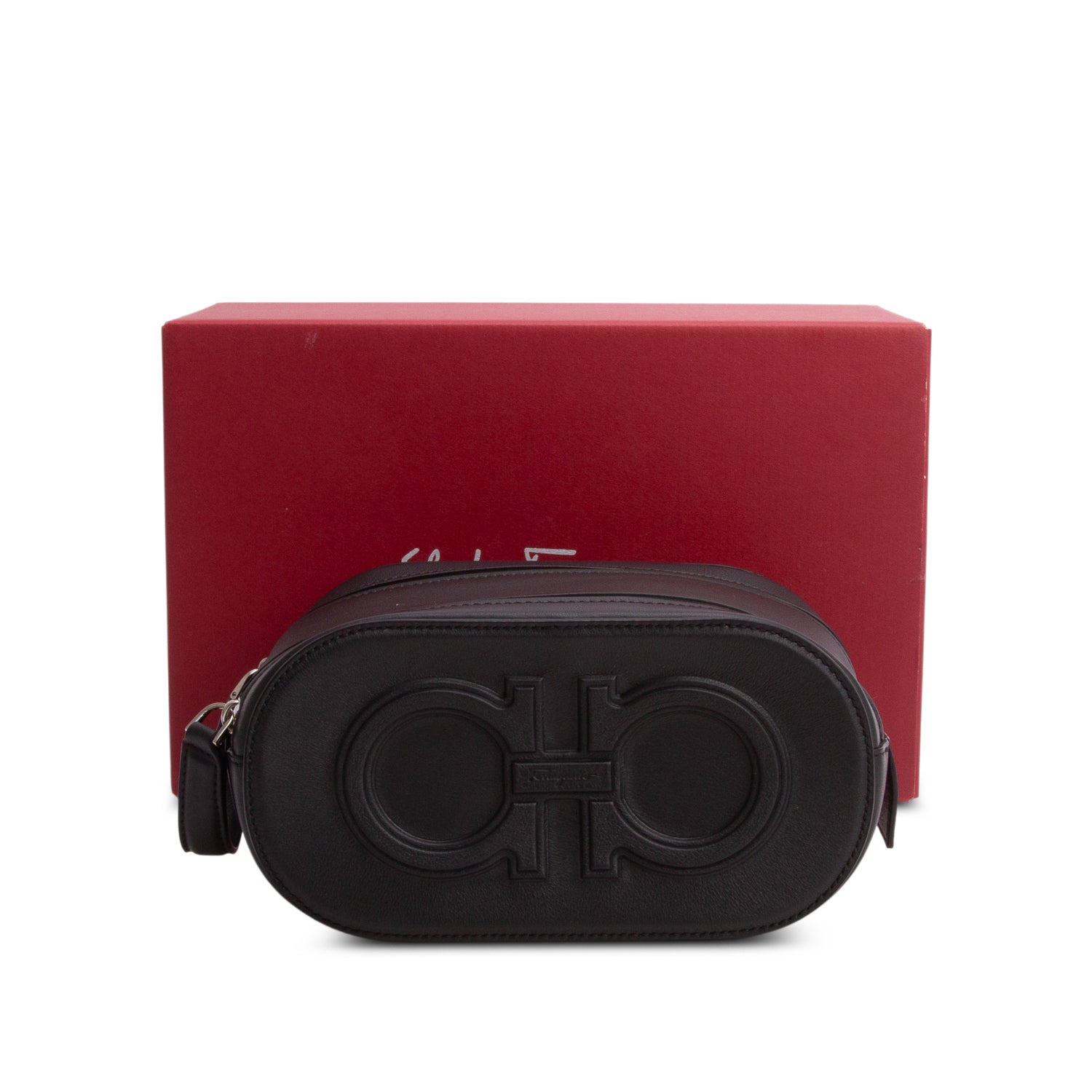 Ferragamo Black Calfskin Leather Double Gancio Toiletry Bag w/ Box
