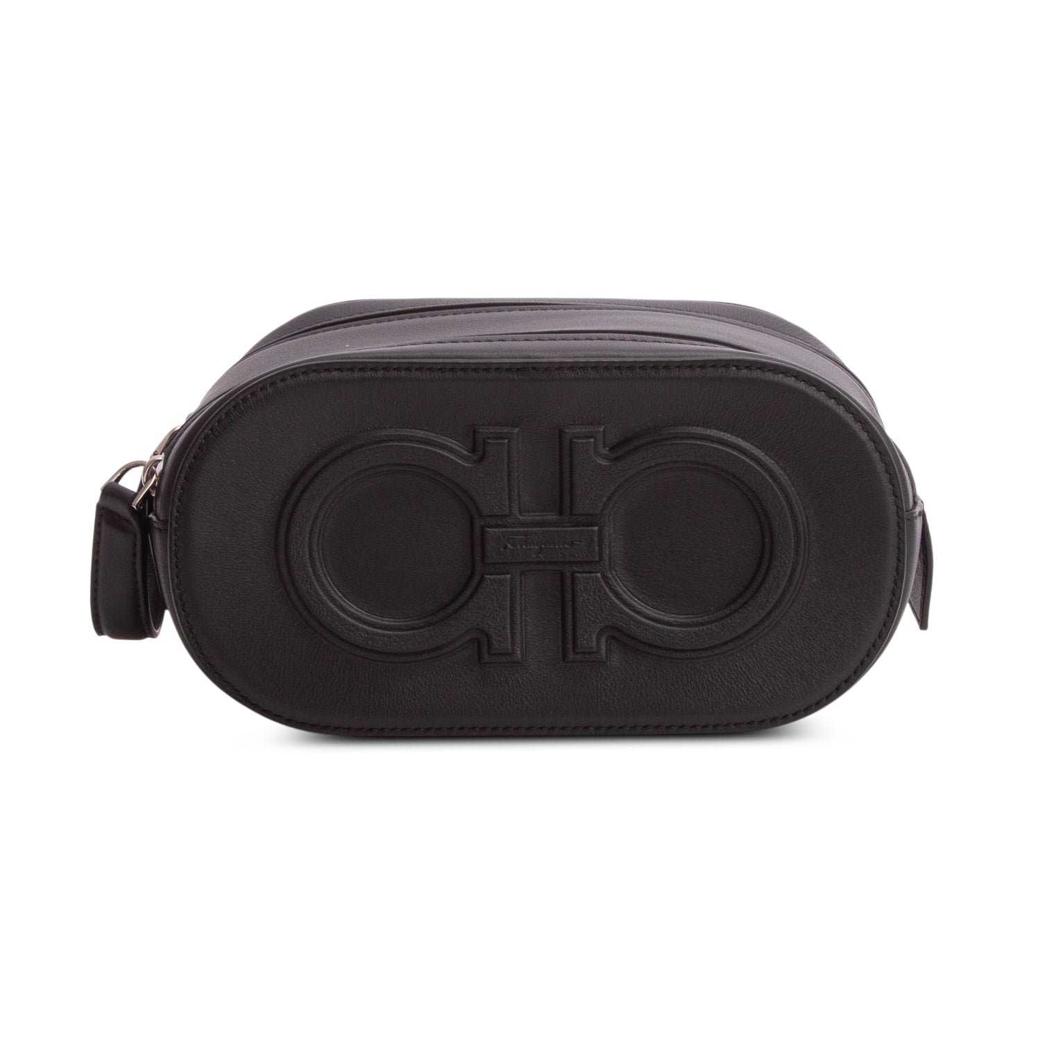 Ferragamo Black Calfskin Leather Double Gancio Toiletry Bag w/ Box