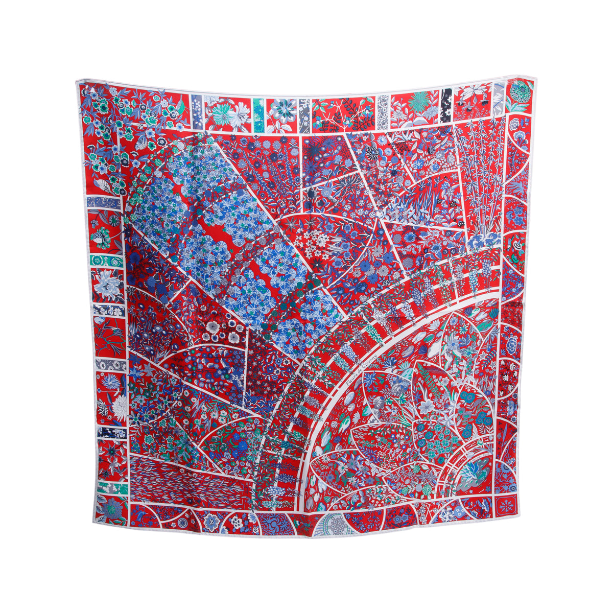 Hermes Red & Multicolor 'Fleurs de Giverny' Silk Scarf 90 w/ Box