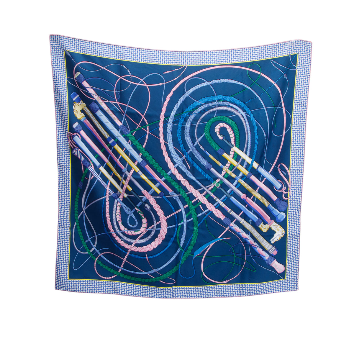 Hermes Blue & Multicolor 'Fouets et Badines' Silk Scarf 90 w/ Box