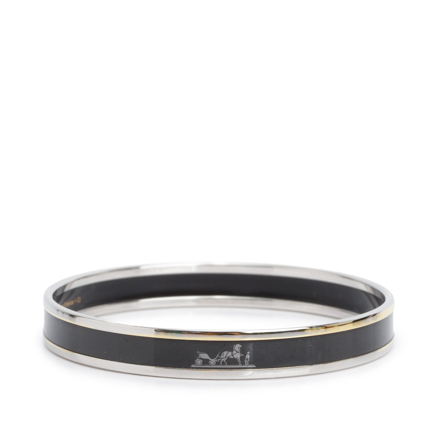Hermes Palladium-Plated Black 'Caleche' Enamel Extra Narrow Bangle w/ Box