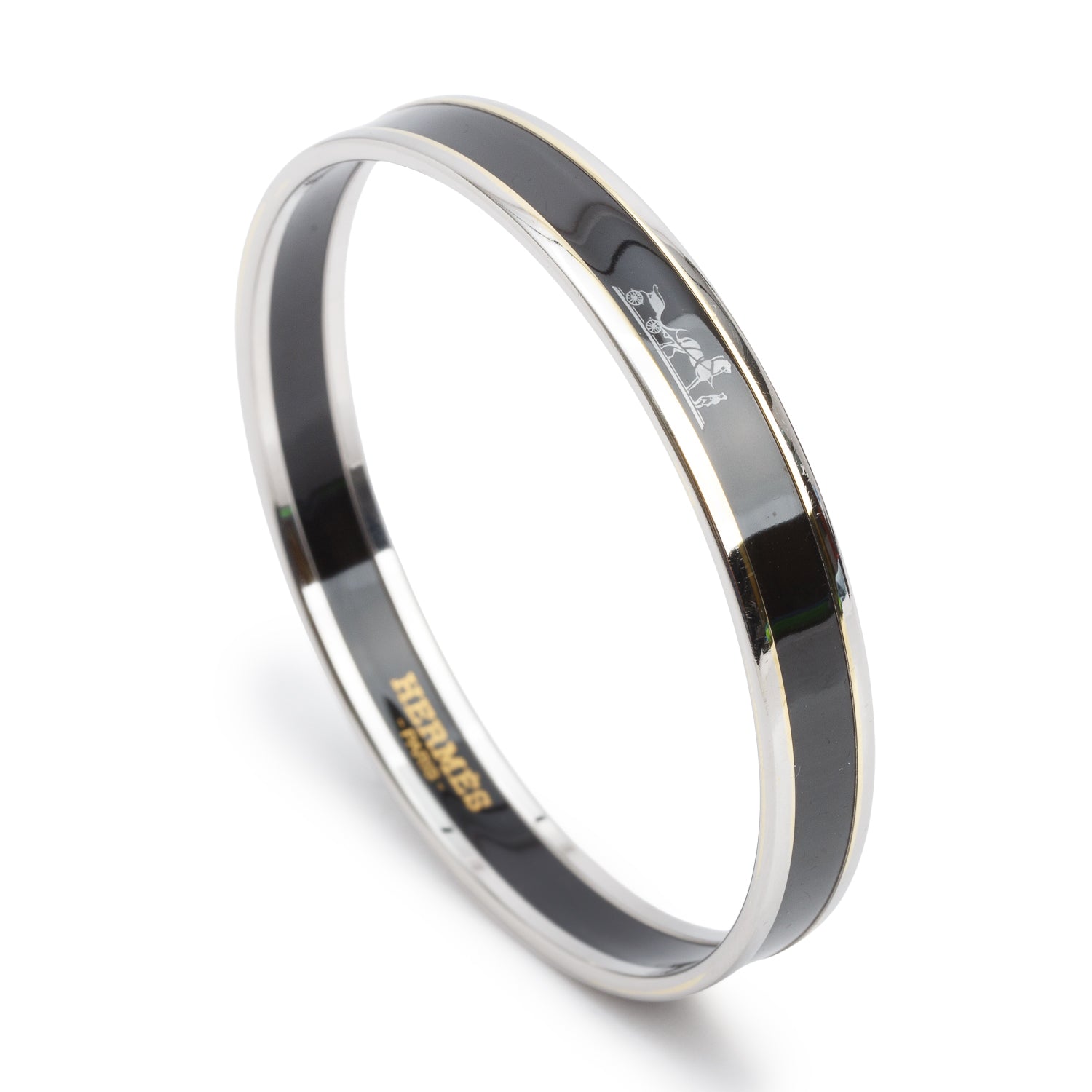 Hermes Palladium-Plated Black 'Caleche' Enamel Extra Narrow Bangle w/ Box