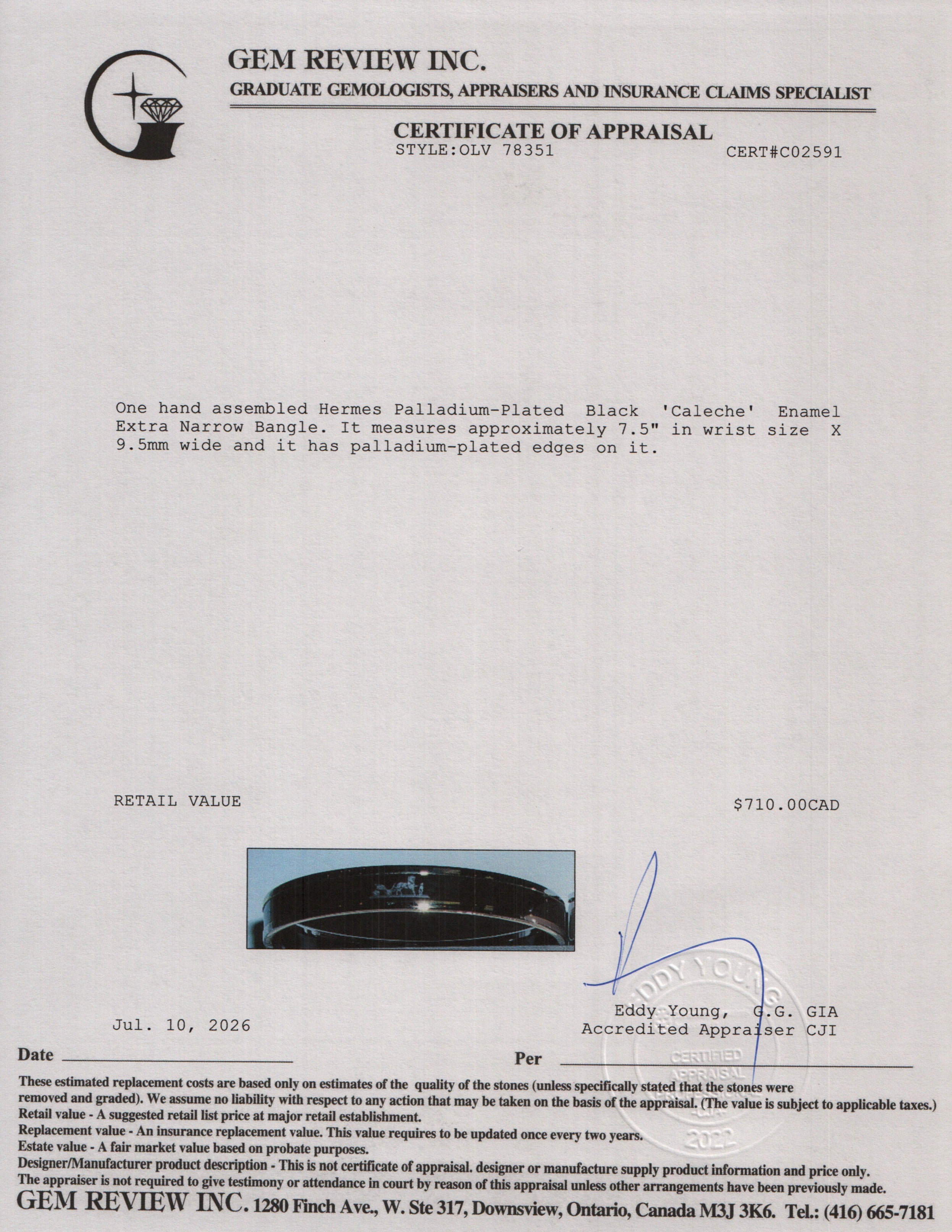Hermes Palladium-Plated Black 'Caleche' Enamel Extra Narrow Bangle w/ Box