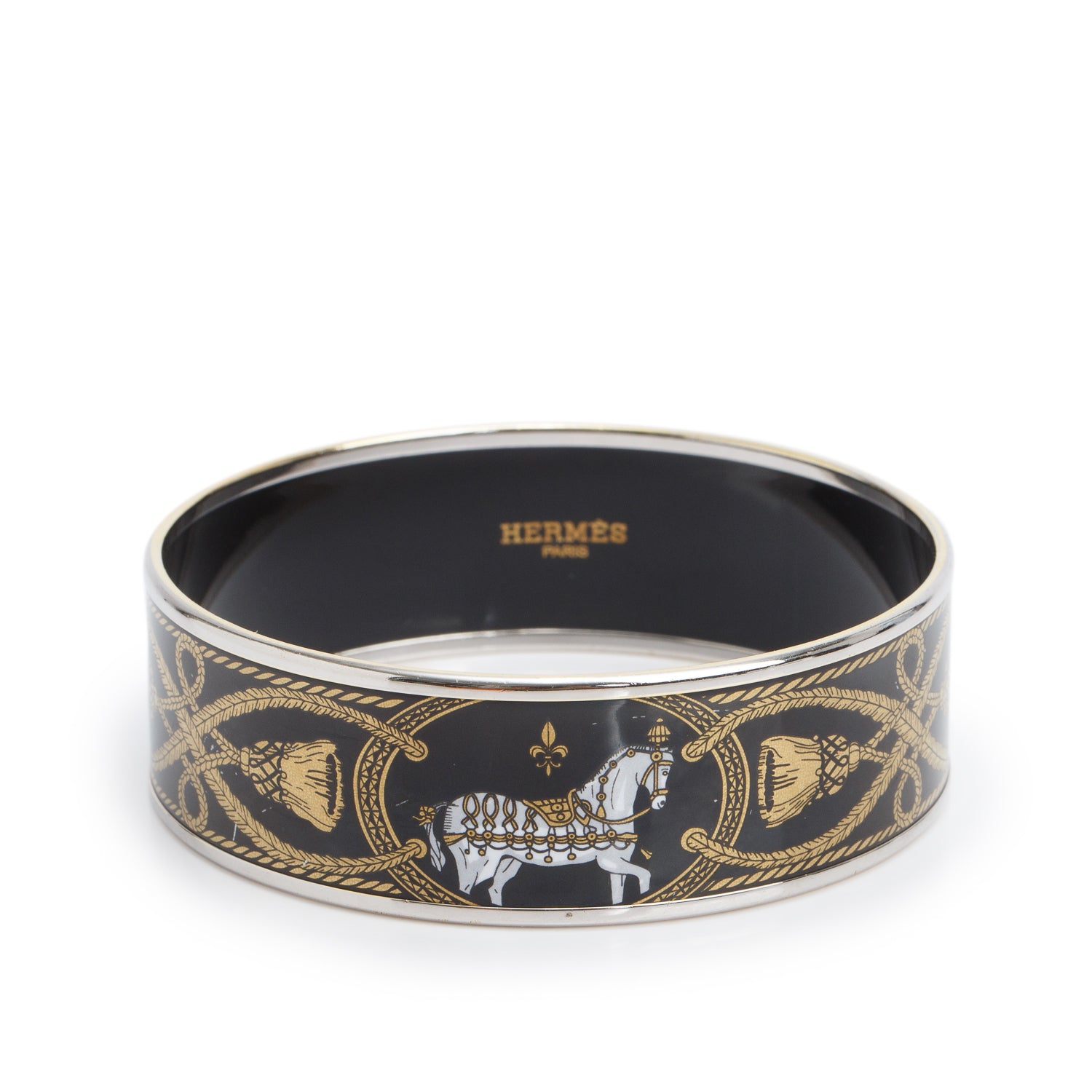 Hermes Palladium-Plated Black Grand Apparat Enamel Wide Bangle