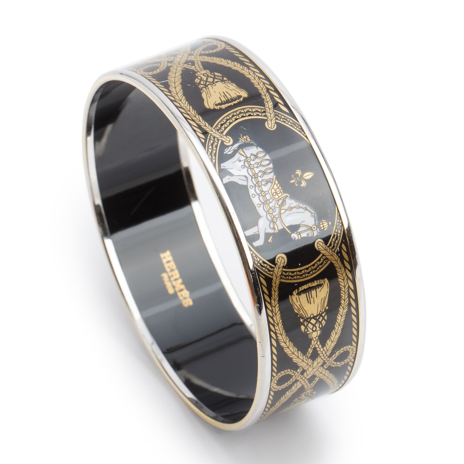 Hermes Palladium-Plated Black Grand Apparat Enamel Wide Bangle