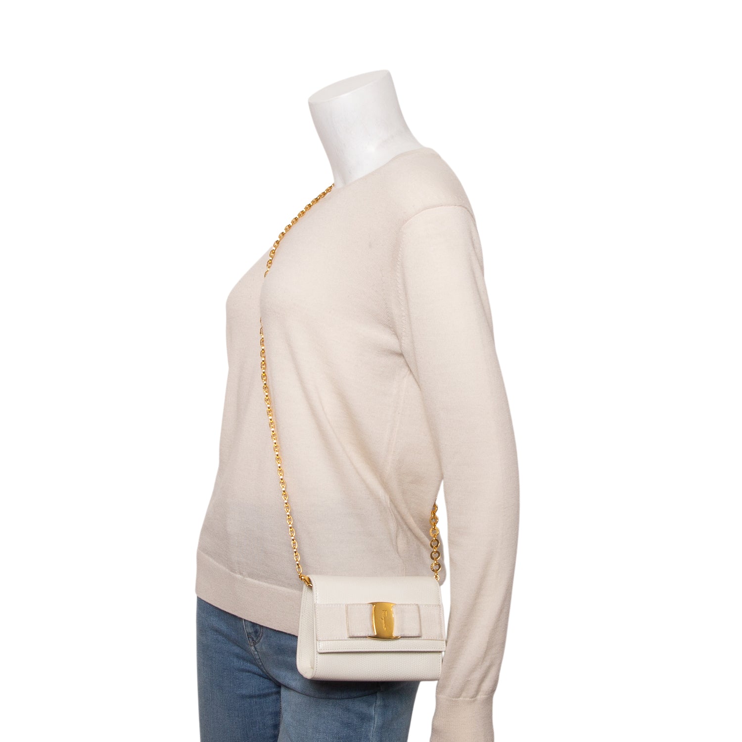 Ferragamo White Embossed Leather Mini Vara Bow Crossbody Bag