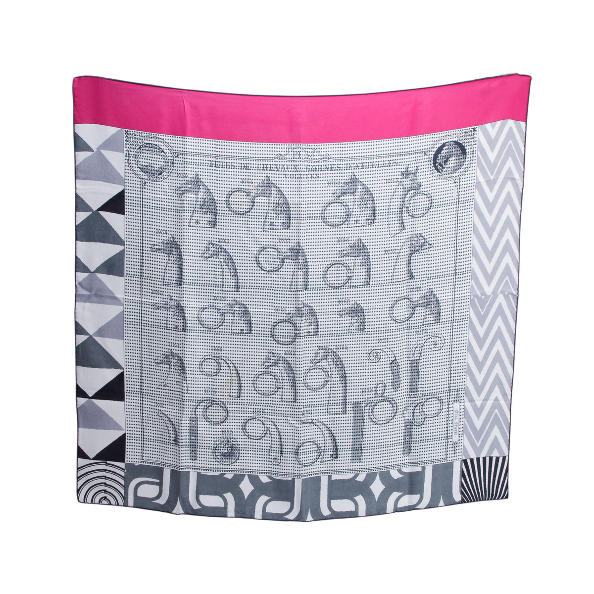 Hermes Pink & Multicolor 'Tetes de Chevaux Cornes D'Attelles Volutes' Silk Scarf 90 w/ Box