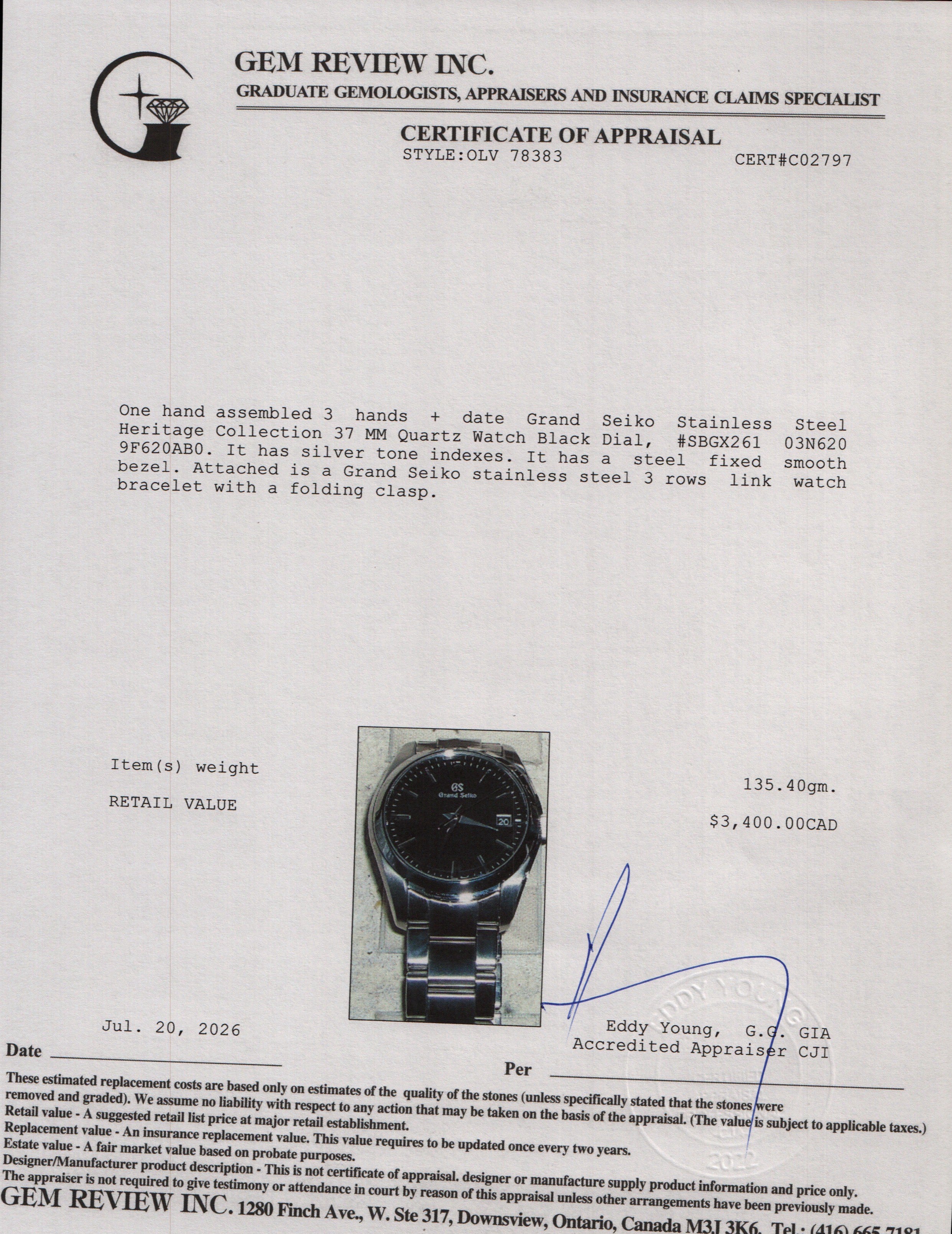 Grand Seiko Stainless Steel Heritage Collection 37 MM Quartz Watch Black Dial w/ Box & Papers
