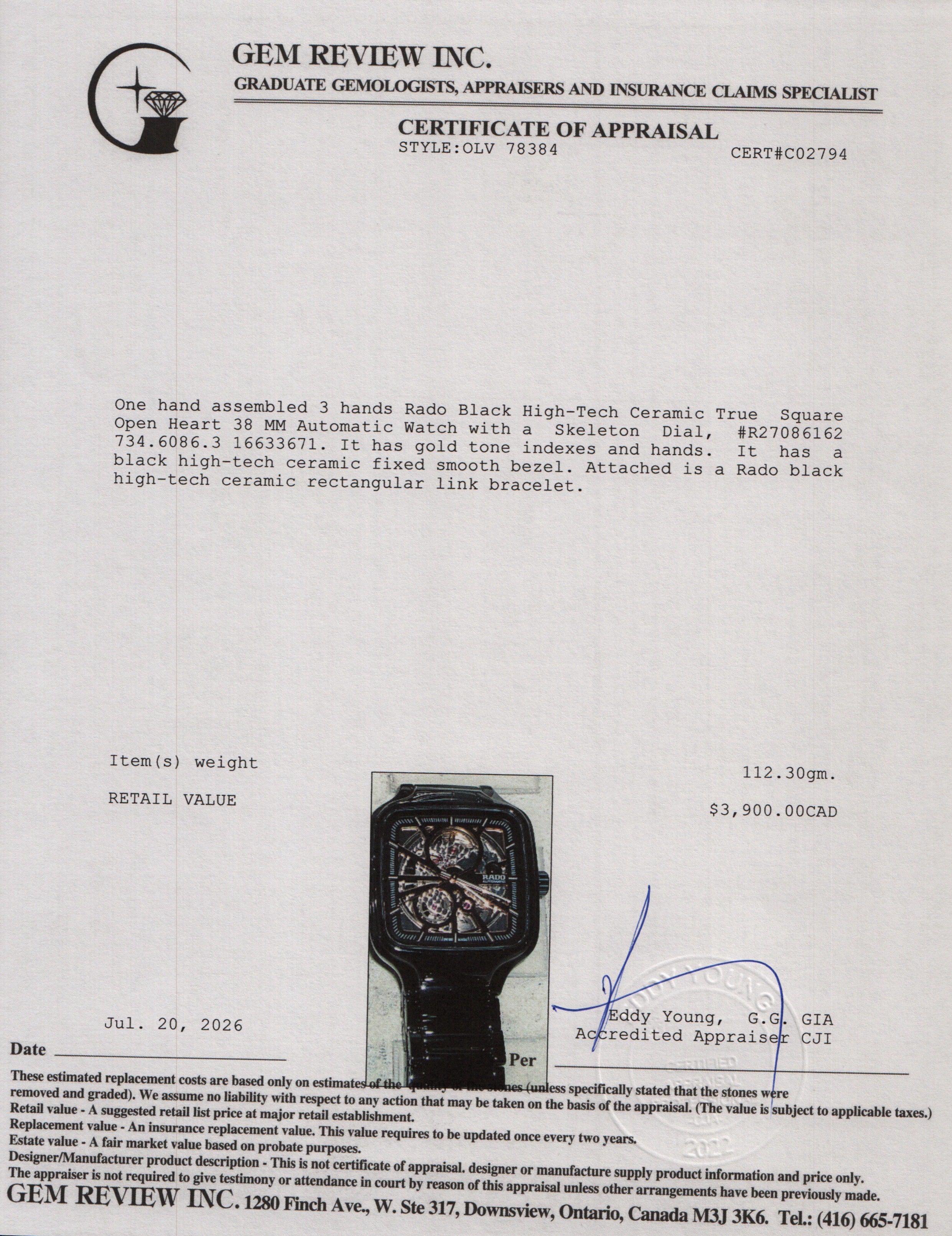 Rado Black High-Tech Ceramic True Square Open Heart 38 MM Automatic Watch Skeleton Dial R27086162