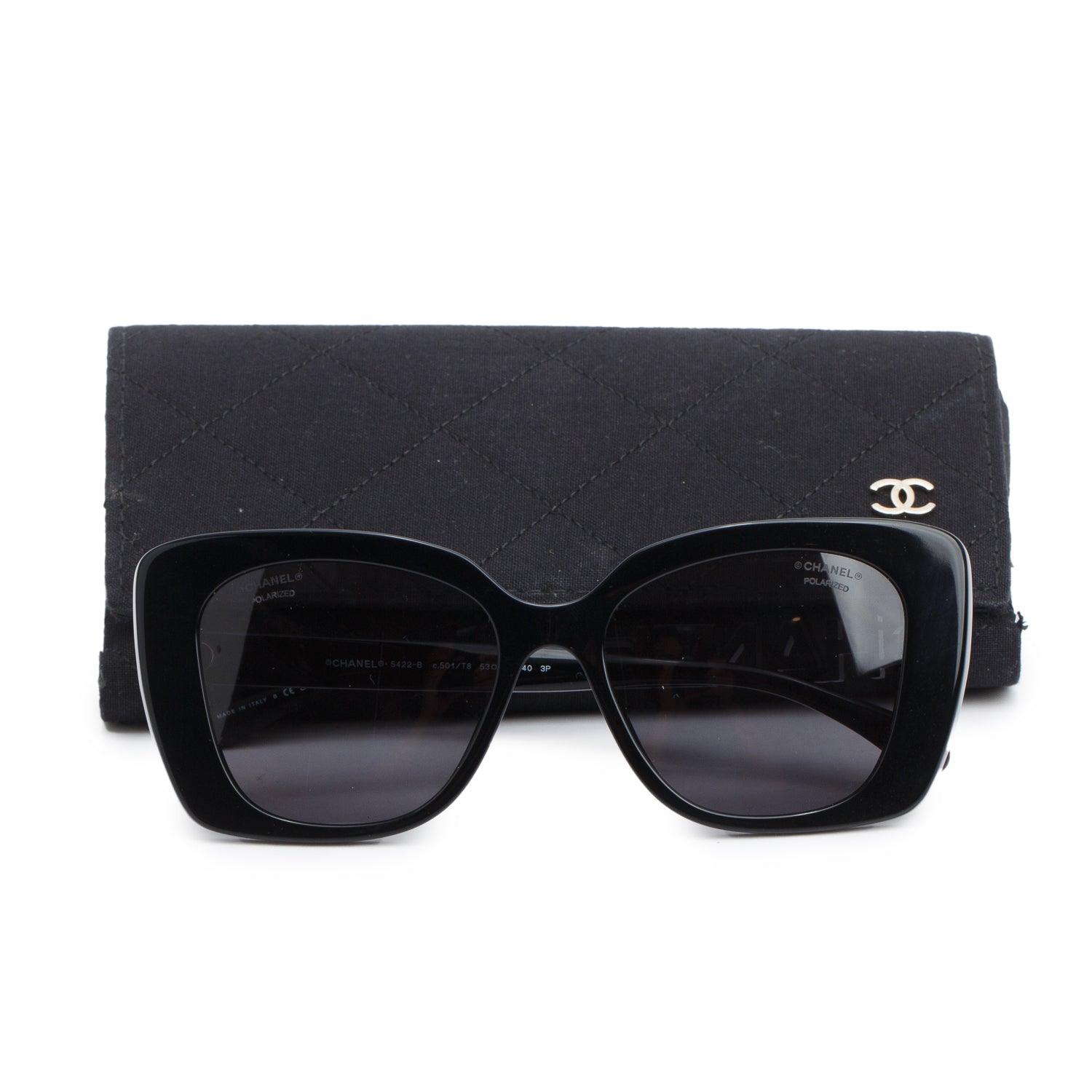 Chanel 5422-B Black Acetate Logo Square Sunglasses w/ Case