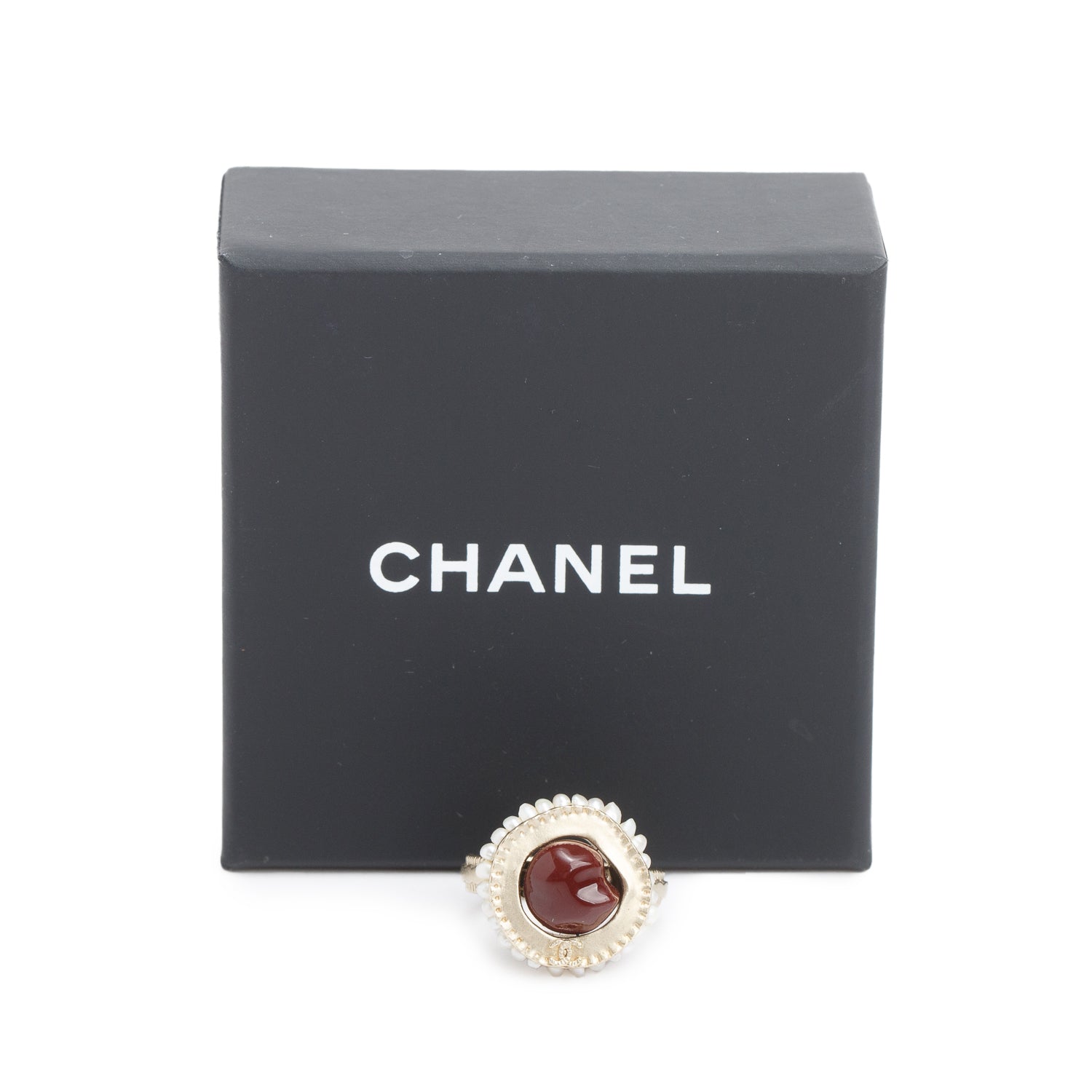 Chanel Gold Plated Faux Pearl & Resin CC Logo Ring, Size 6 w/ Box
