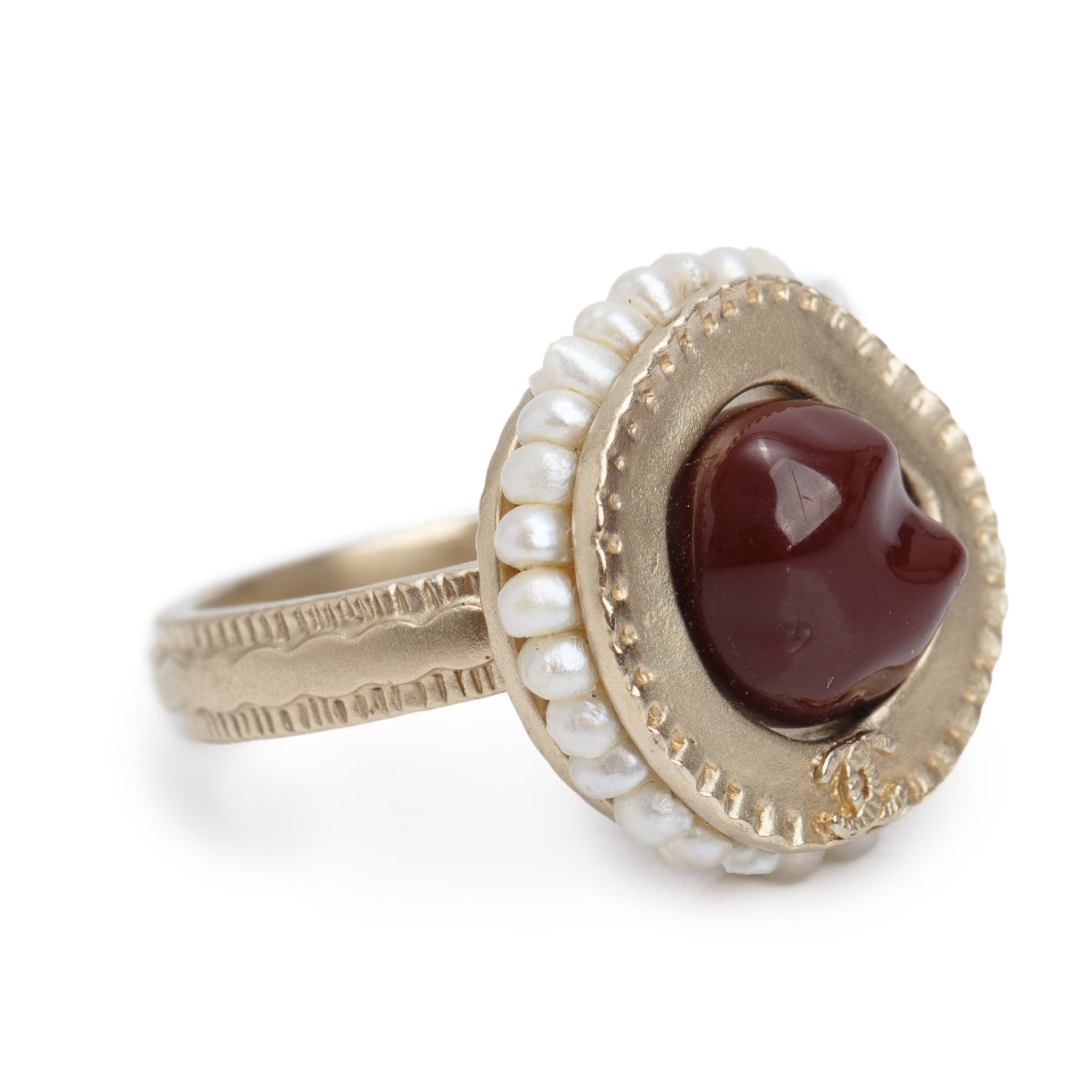 Chanel Gold Plated Faux Pearl & Resin CC Logo Ring, Size 6 w/ Box