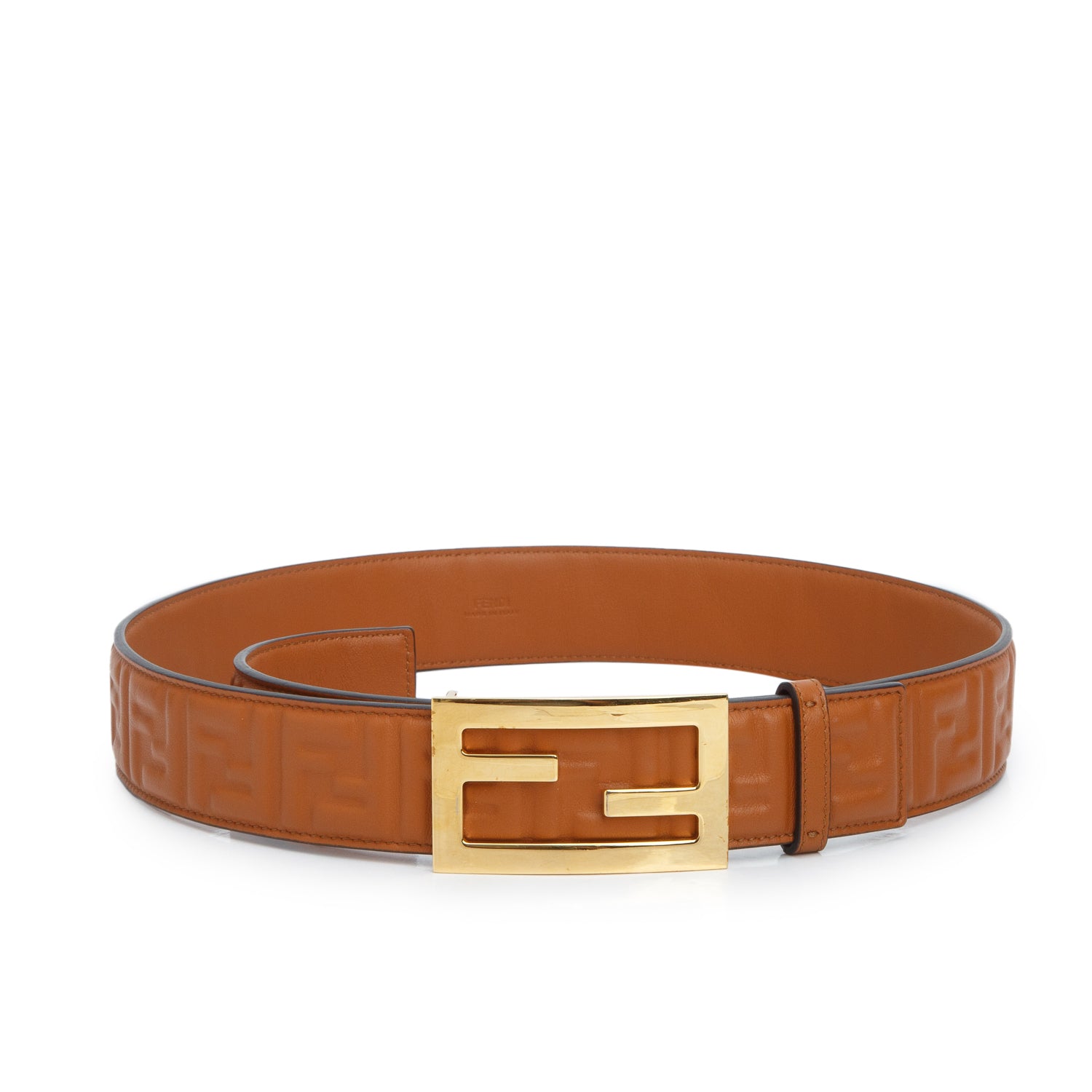 Fendi Brown Vitello Leather Embossed FF Belt w/ Box