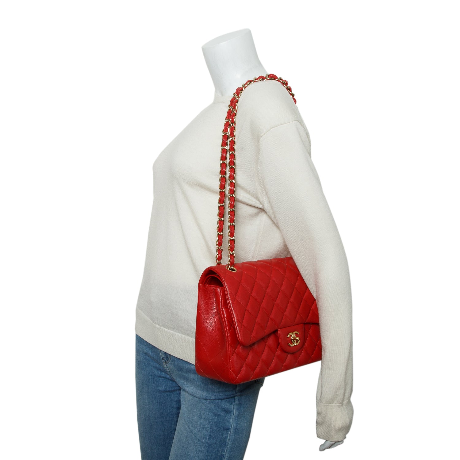 Chanel Red Caviar Jumbo Classic Double Flap Bag w/ Box, Authenticity Card & Receipt