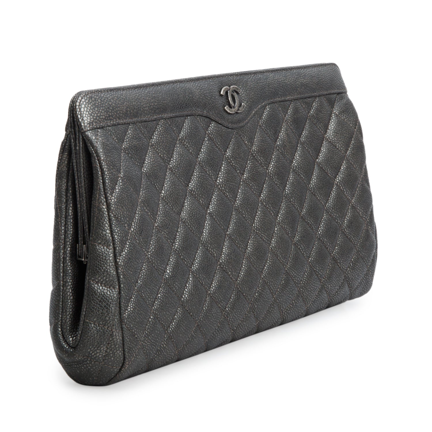 Chanel Grey Caviar Quilted Leather In Story Clutch w/ Authenticity Card