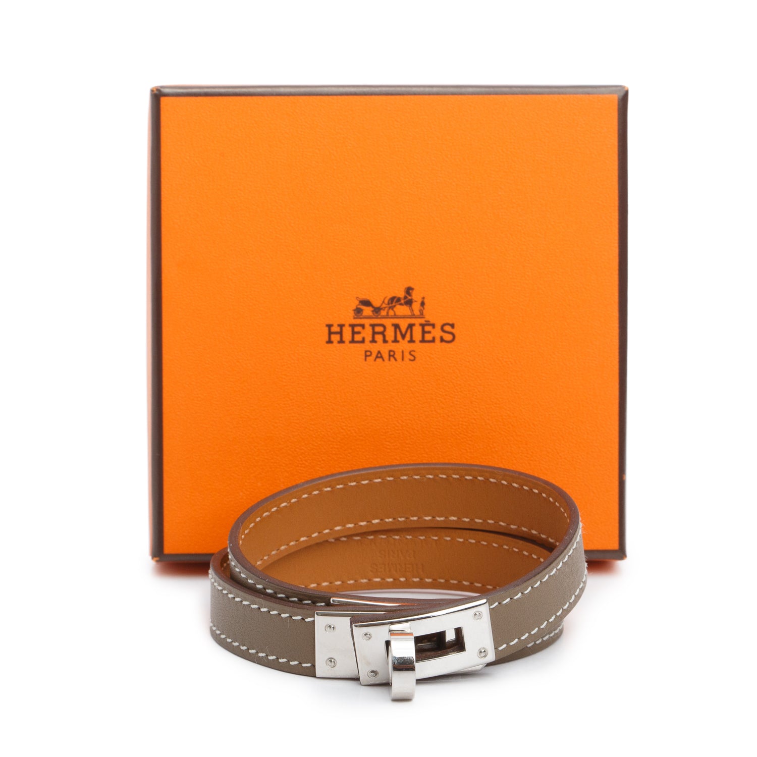 Hermes Palladium Plated Etoupe Leather Kelly Double Tour Bracelet, Size T4 w/ Box