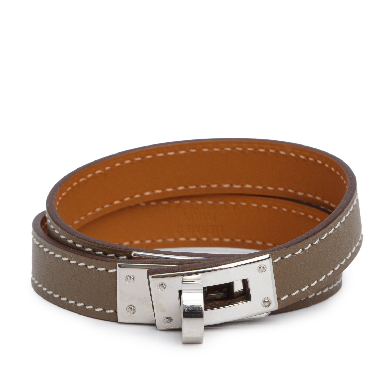Hermes Palladium Plated Etoupe Leather Kelly Double Tour Bracelet, Size T4 w/ Box