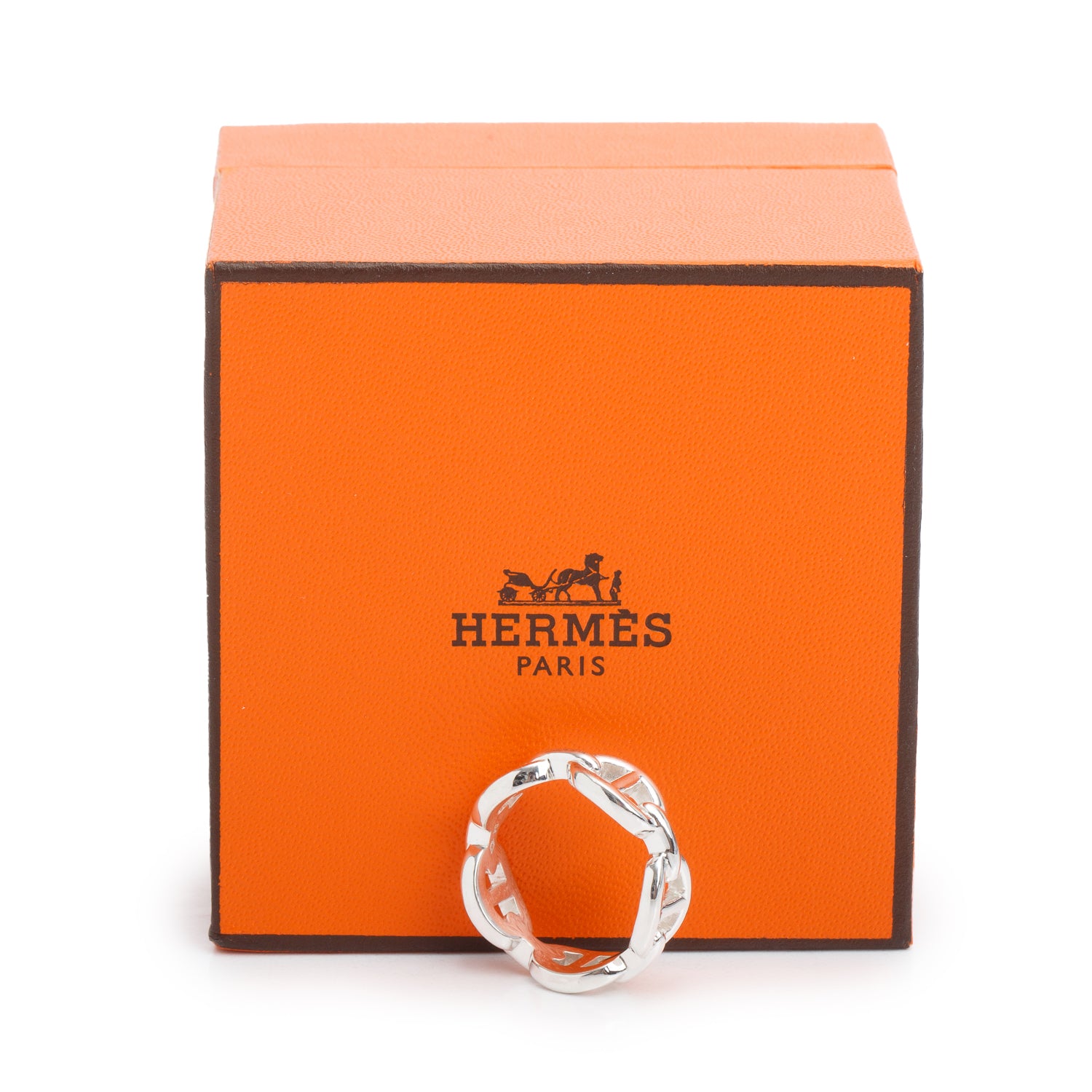 Hermes Sterling Silver Chaine D'Ancre Enchainee Ring, Small Model, Size 54 6.75 w/ Box
