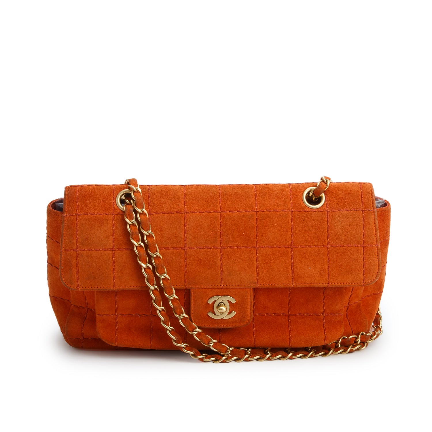 Chanel Orange Suede Square Quilted Flap w/ Authenticity Card
