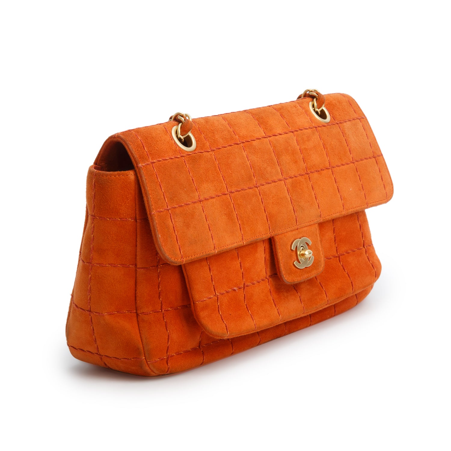 Chanel Orange Suede Square Quilted Flap w/ Authenticity Card
