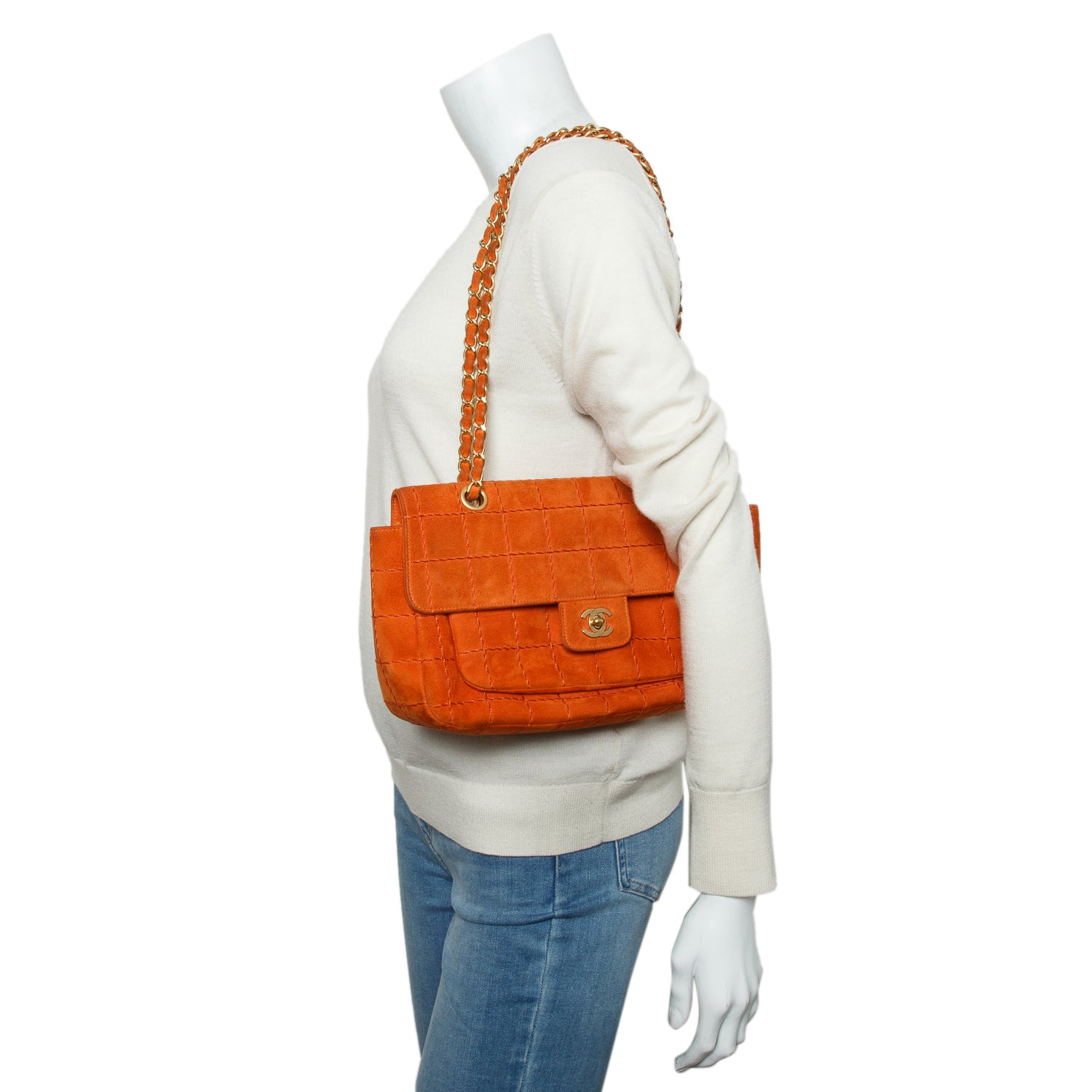 Chanel Orange Suede Square Quilted Flap w/ Authenticity Card