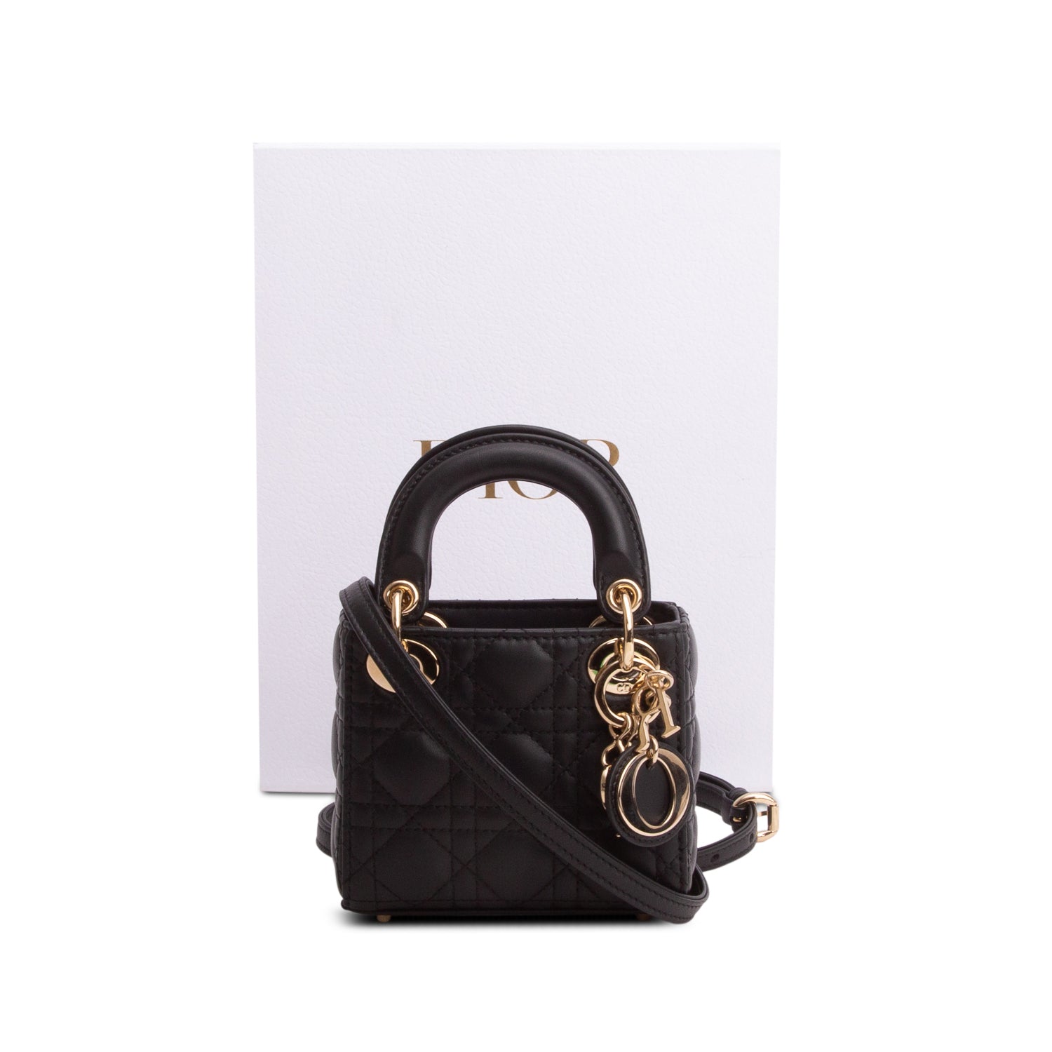 Christian Dior 2023 Black Lambskin Cannage Micro Lady Dior w/ Box, Strap & Authenticity Card