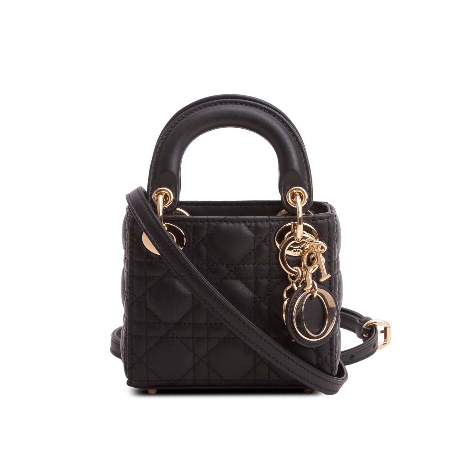 Christian Dior 2023 Black Lambskin Cannage Micro Lady Dior w/ Box, Strap & Authenticity Card