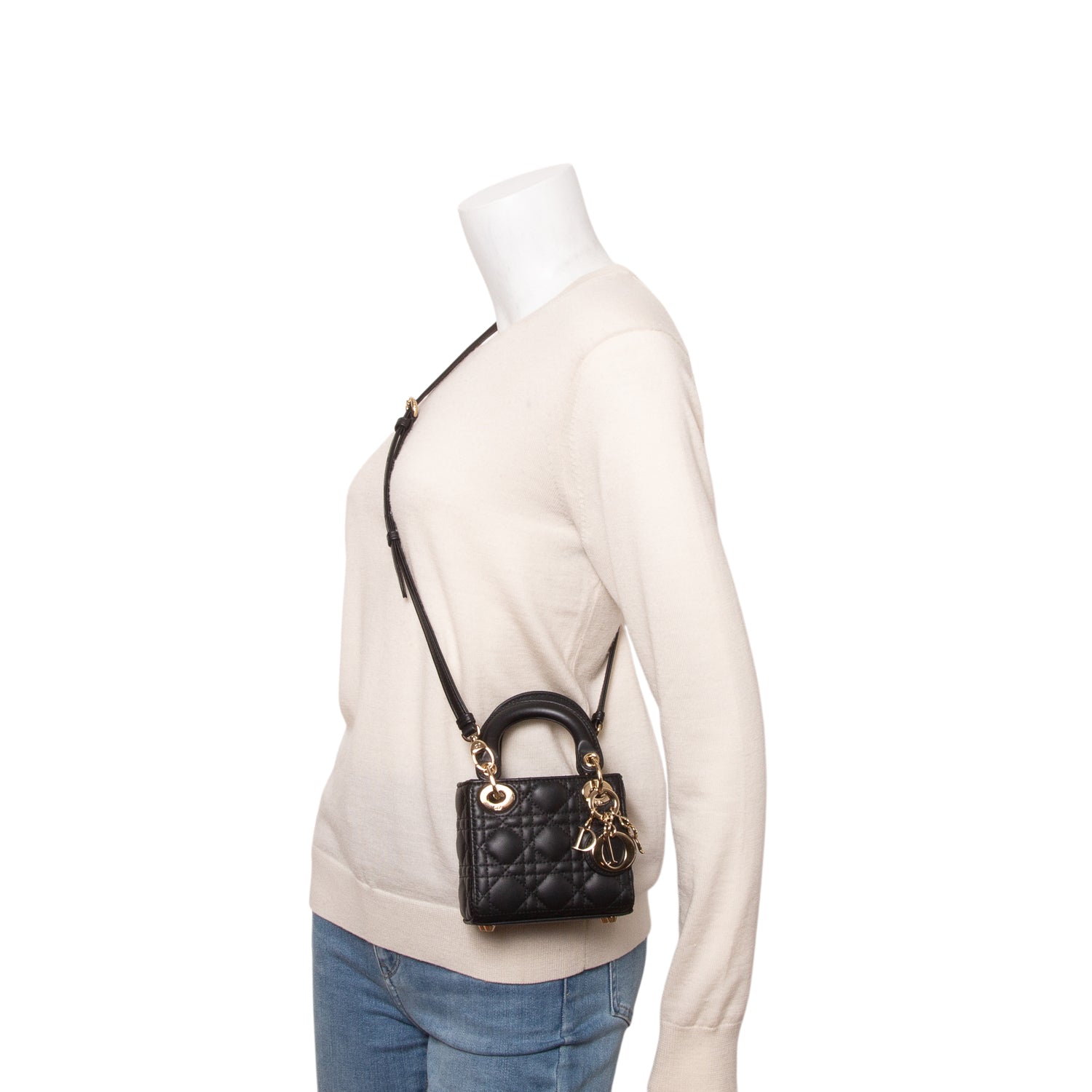 Christian Dior 2023 Black Lambskin Cannage Micro Lady Dior w/ Box, Strap & Authenticity Card