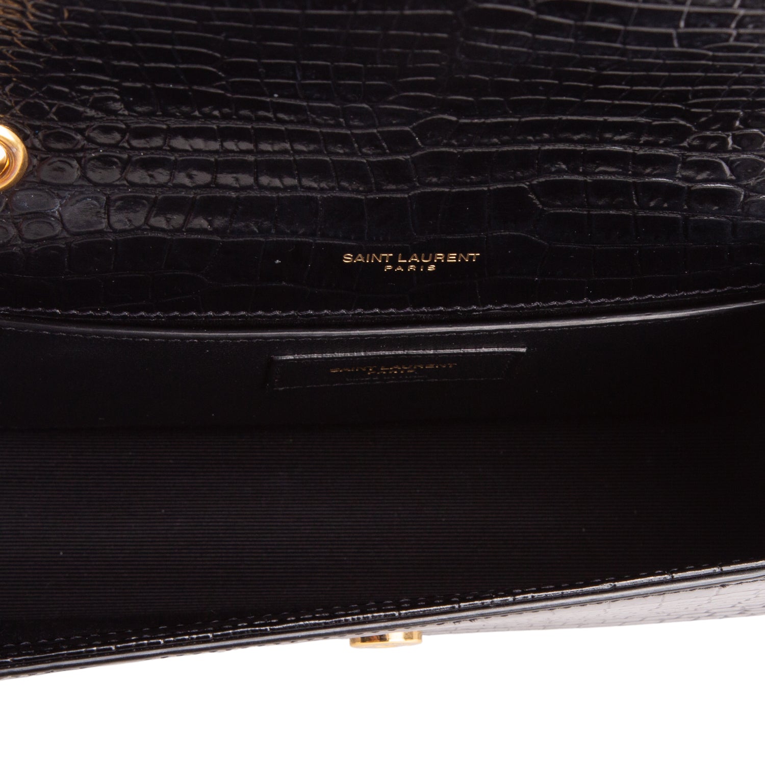 Saint Laurent Black Croc-Embossed Leather Small Classic Monogram Kate Tassel Chain Bag w/ Box & Receipt