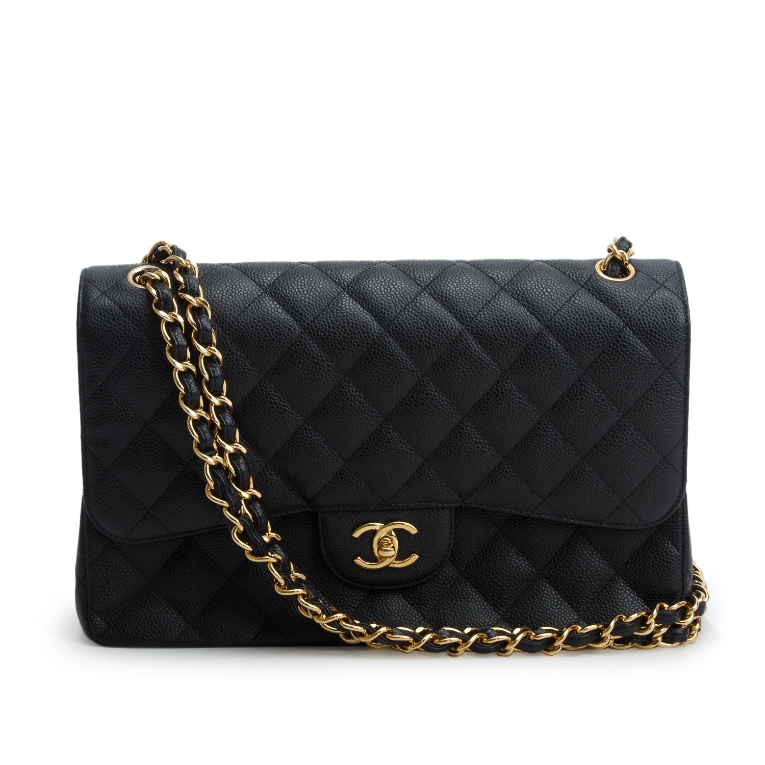 Chanel Black Caviar Quilted Leather Classic Jumbo Double Flap Bag