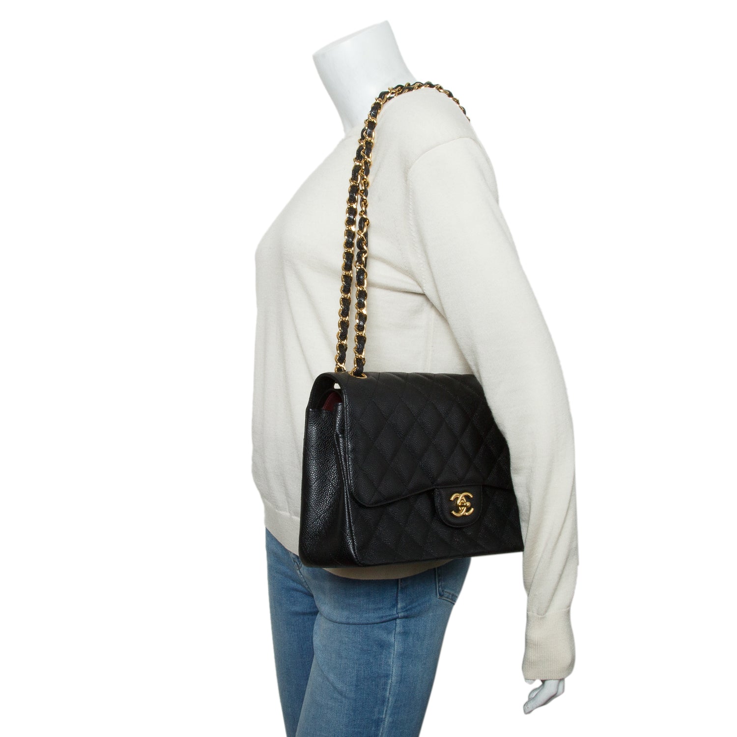 Chanel Black Caviar Quilted Leather Classic Jumbo Double Flap Bag