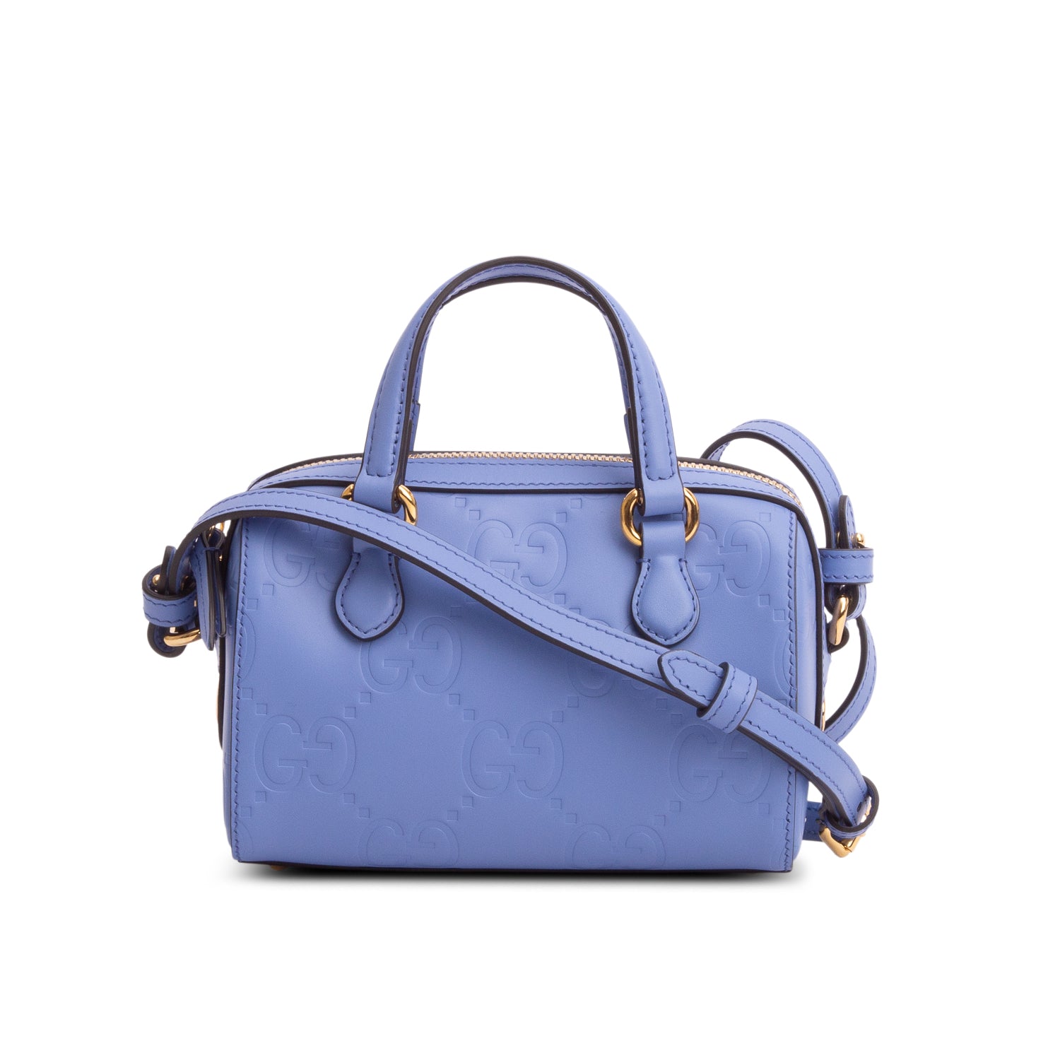 Gucci Blue Calfskin Jumbo GG Embossed Super Mini Top Handle Bowler Bag w/ Strap