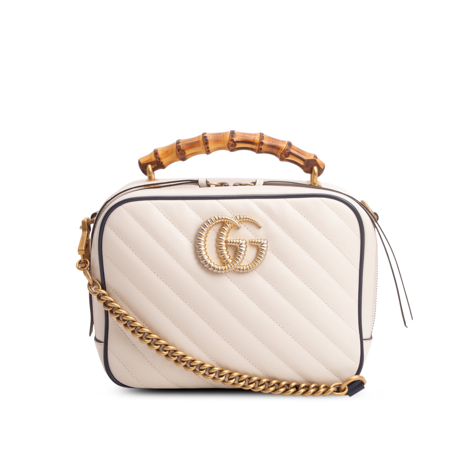 Gucci White Calfskin Matelasse Diagonal Small Torchon GG Marmont Bamboo Top Handle Bag w/ Strap