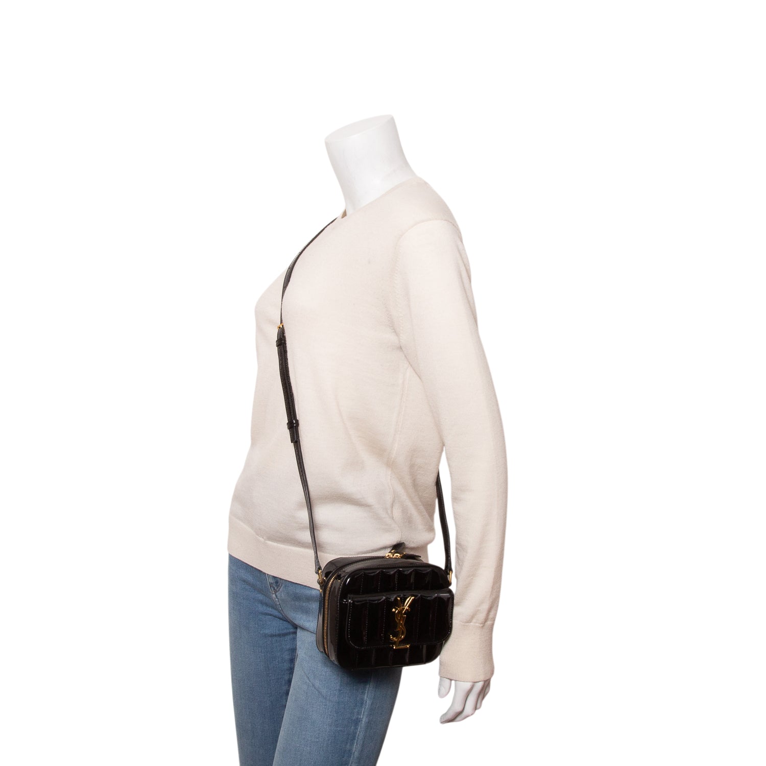 Saint Laurent Black Patent Matelasse Monogram Vicky Camera Bag