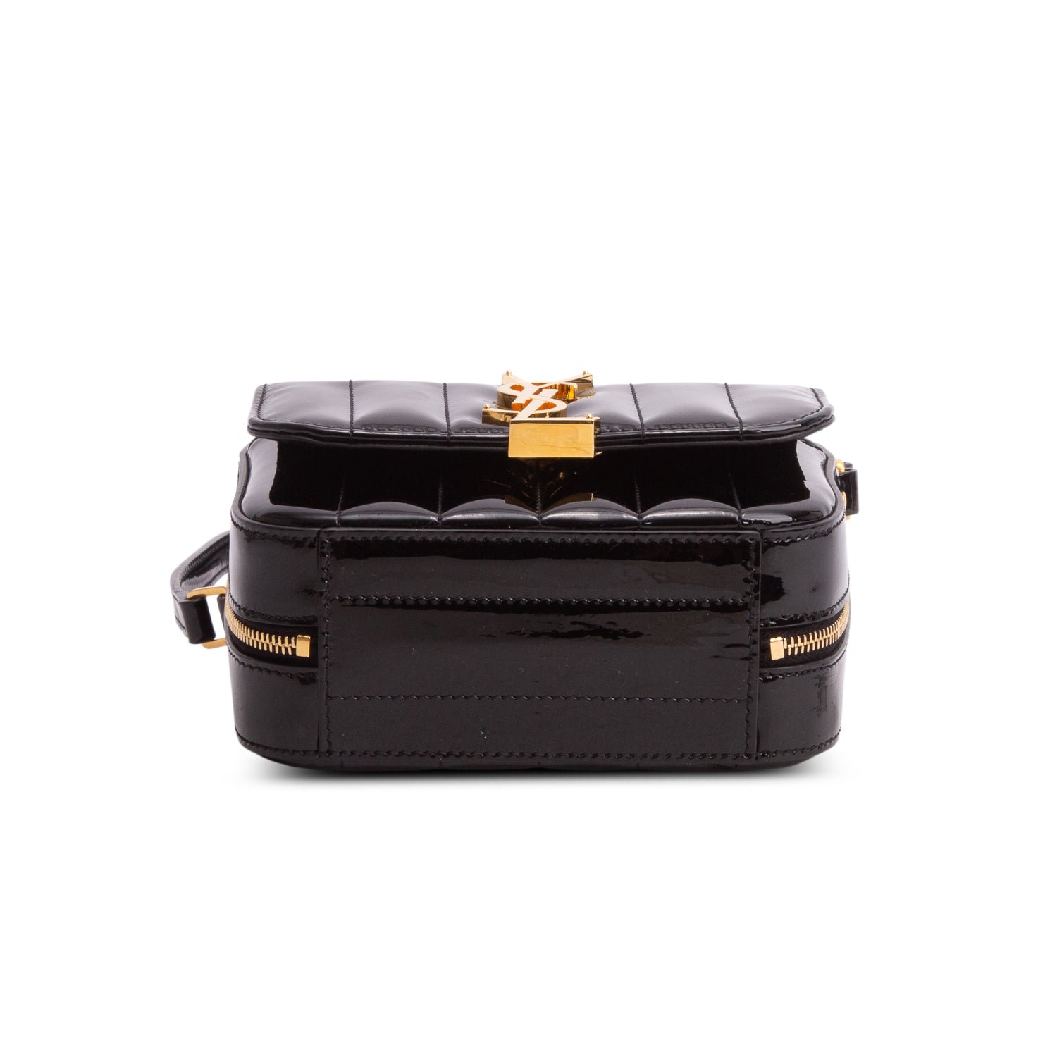 Saint Laurent Black Patent Matelasse Monogram Vicky Camera Bag