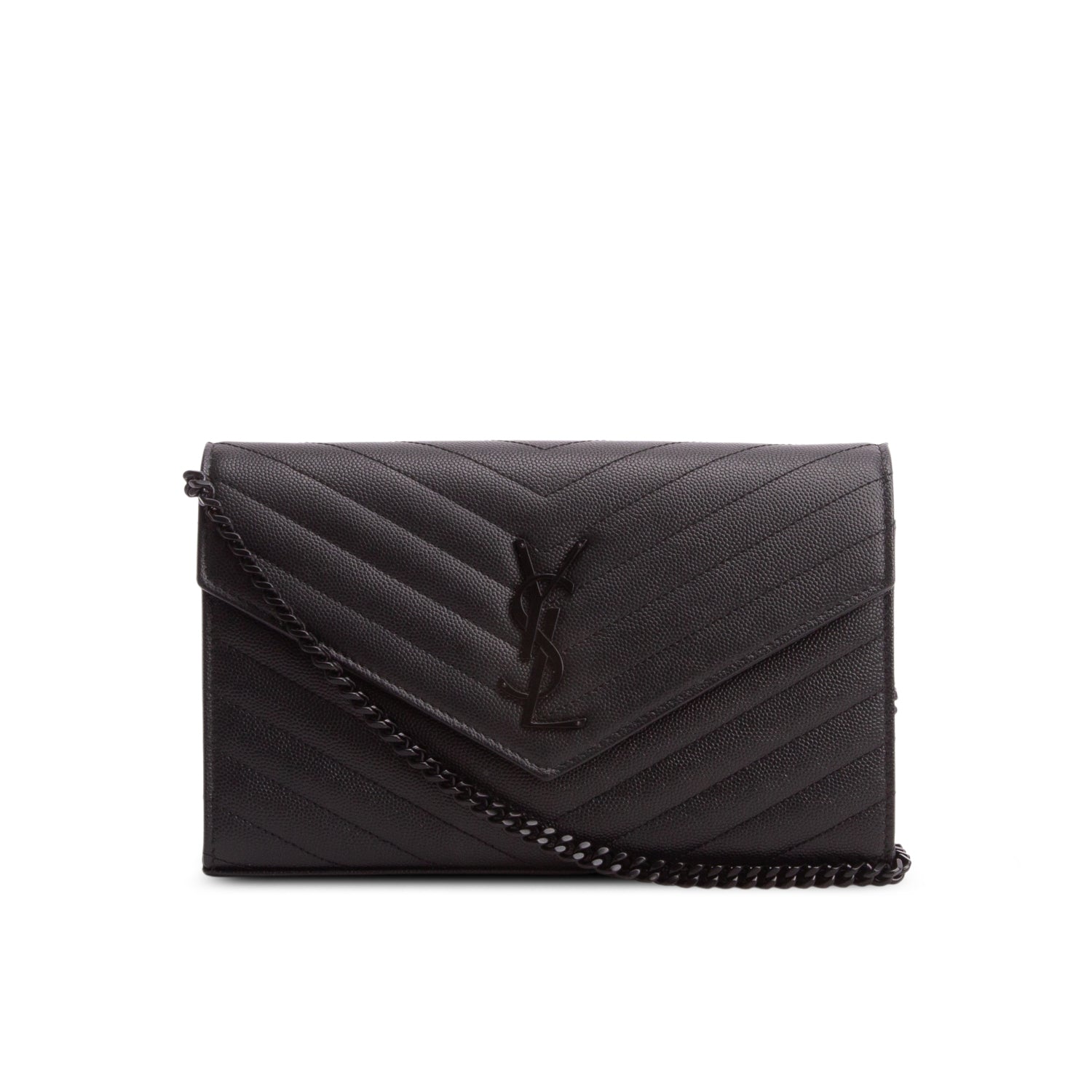 Saint Laurent 2022 So Black Grain De Poudre Matelasse Chevron Monogram Monochrome Envelope Chain Wallet